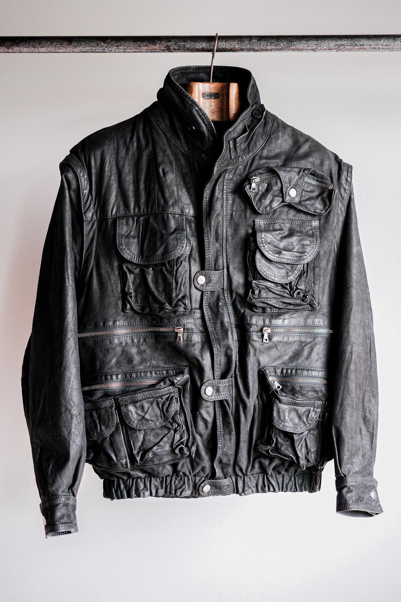 ［~90's］Old Renoma Paris Black Leather Detachable Sleeve Multi Pocket Jacket Size.M
