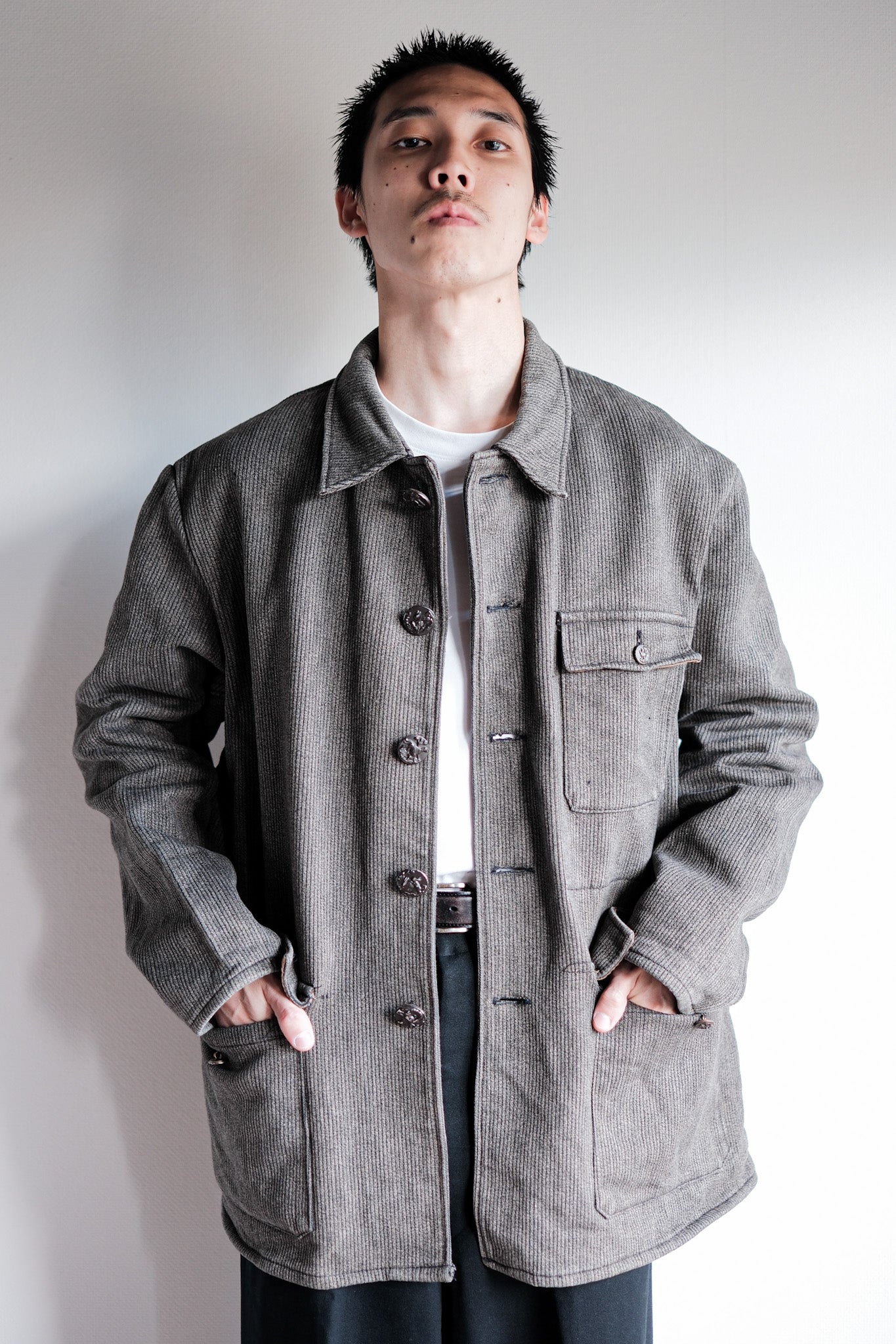 【~60's】French Vintage Brown Gray Salt & Pepper Cotton Pique Hunting Jacket "Le Mont St. Michel"