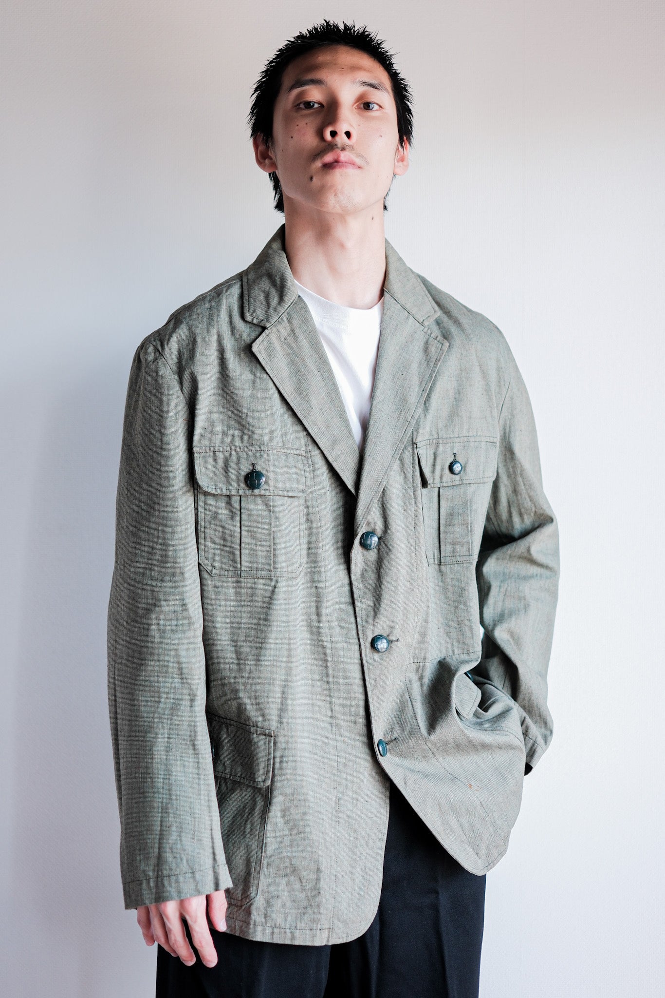 ［~40's］German Vintage Green Chambray 4 Pockets Lapel Work Jacket “Dead Stock”