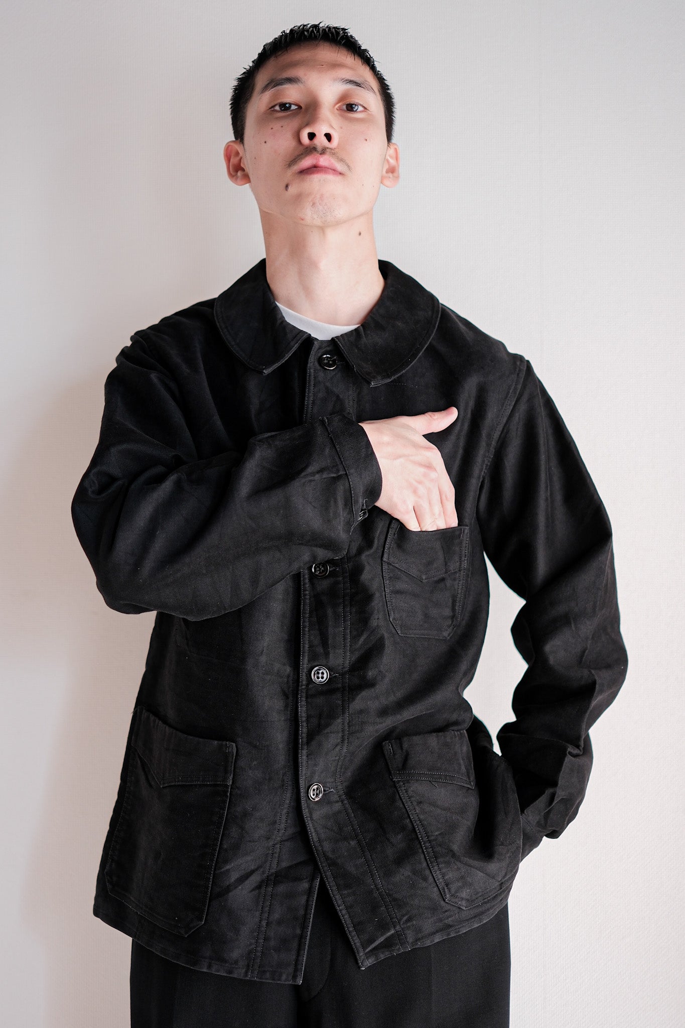 30's】French Vintage Black Moleskin Work Jacket 