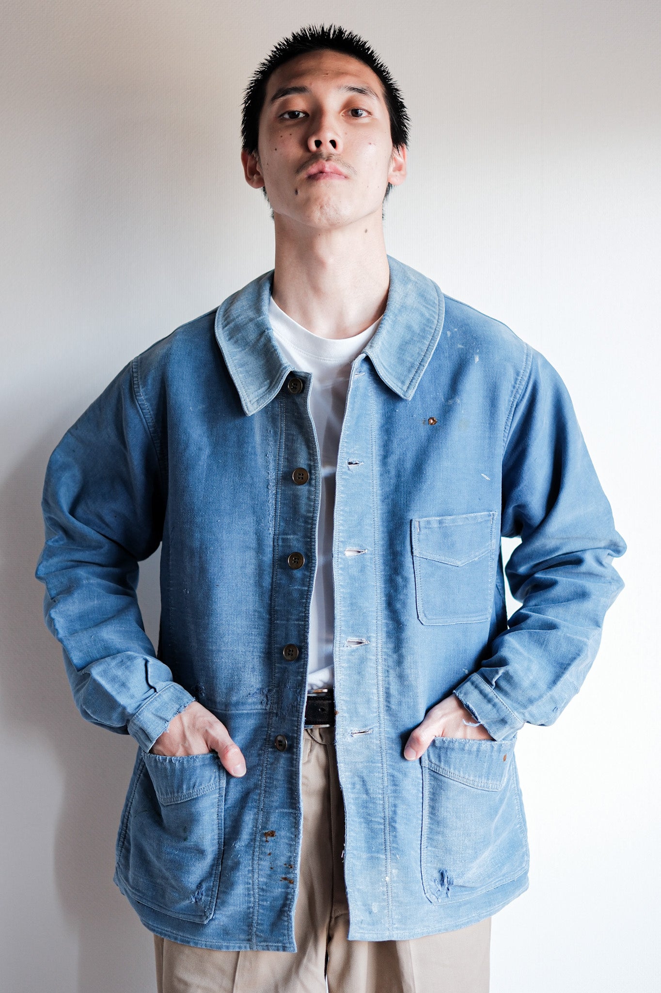 [~ 40's] French Vintage Blue Moleskin Work Jacket "Le Mont St. Michel"