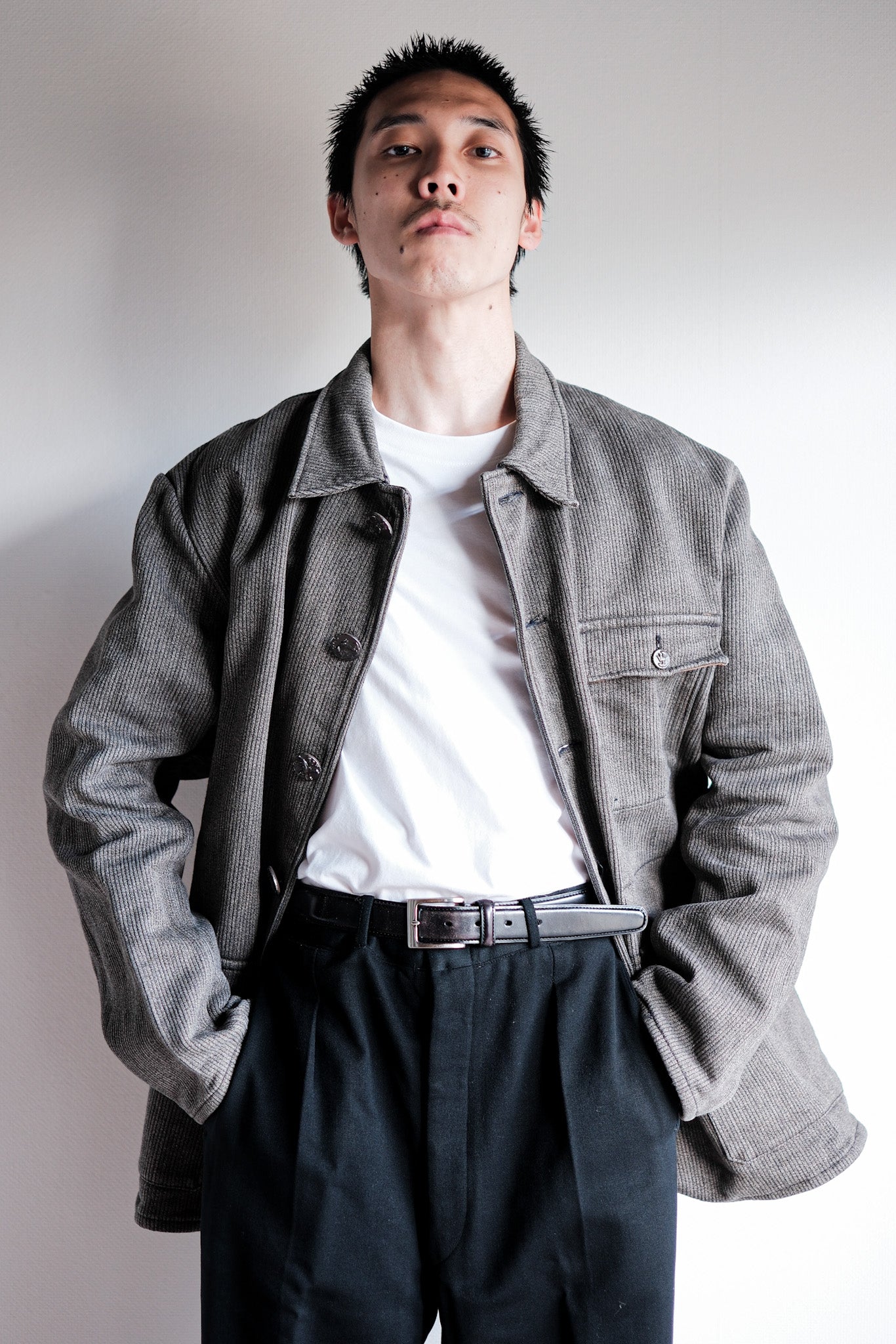 ［~60's］French Vintage Brown Gray Salt & Pepper Cotton Pique Hunting Jacket "Le Mont St. Michel"