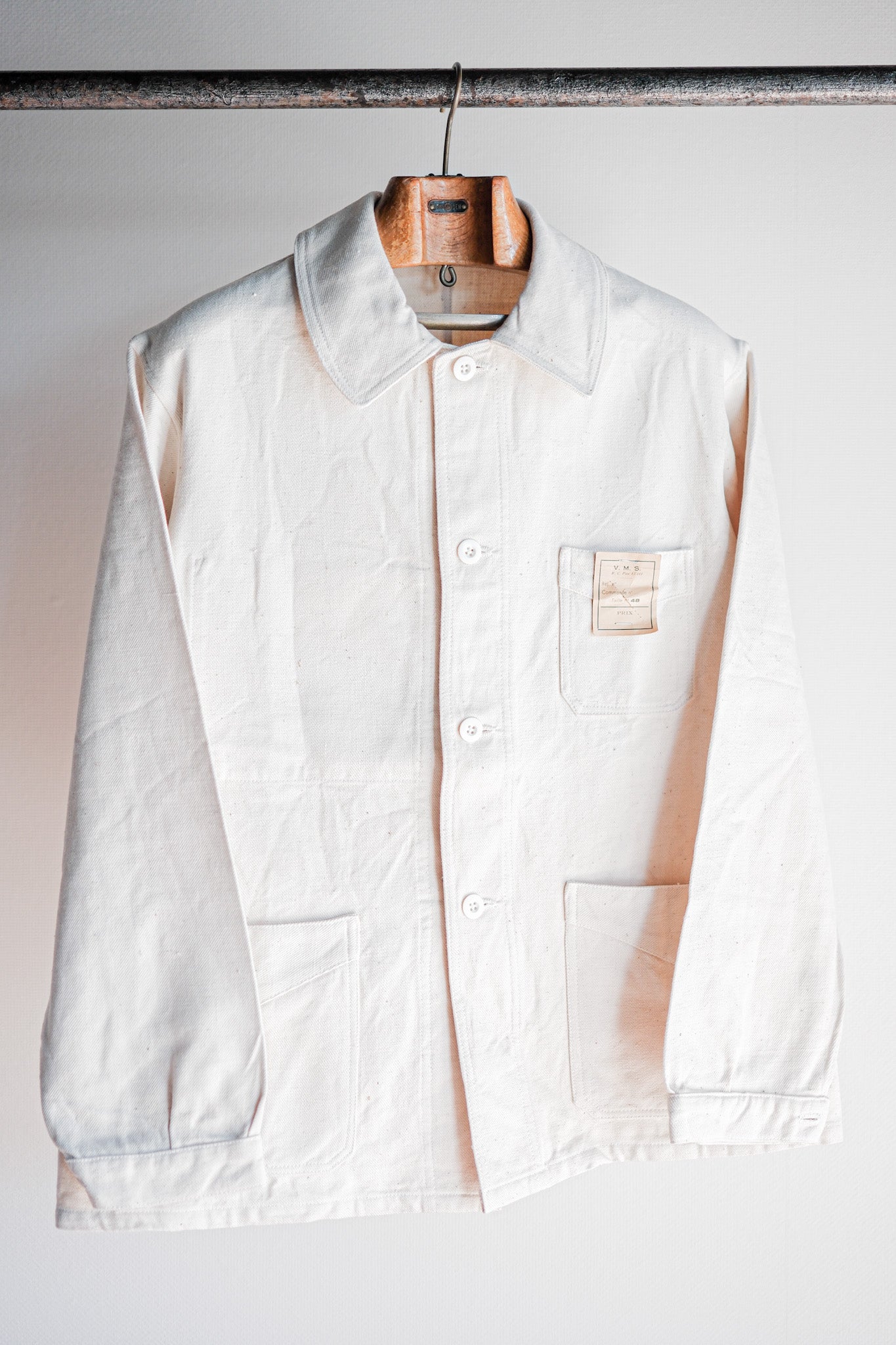 [~ 40's] French vintage coton blanc twil work veste de veste.48 "Stock mort"