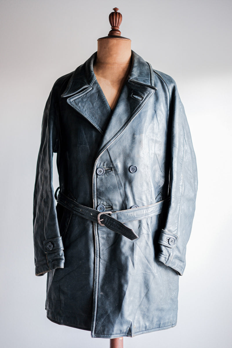 50's】French Vintage Double Breasted Leather Work Coat With Chin