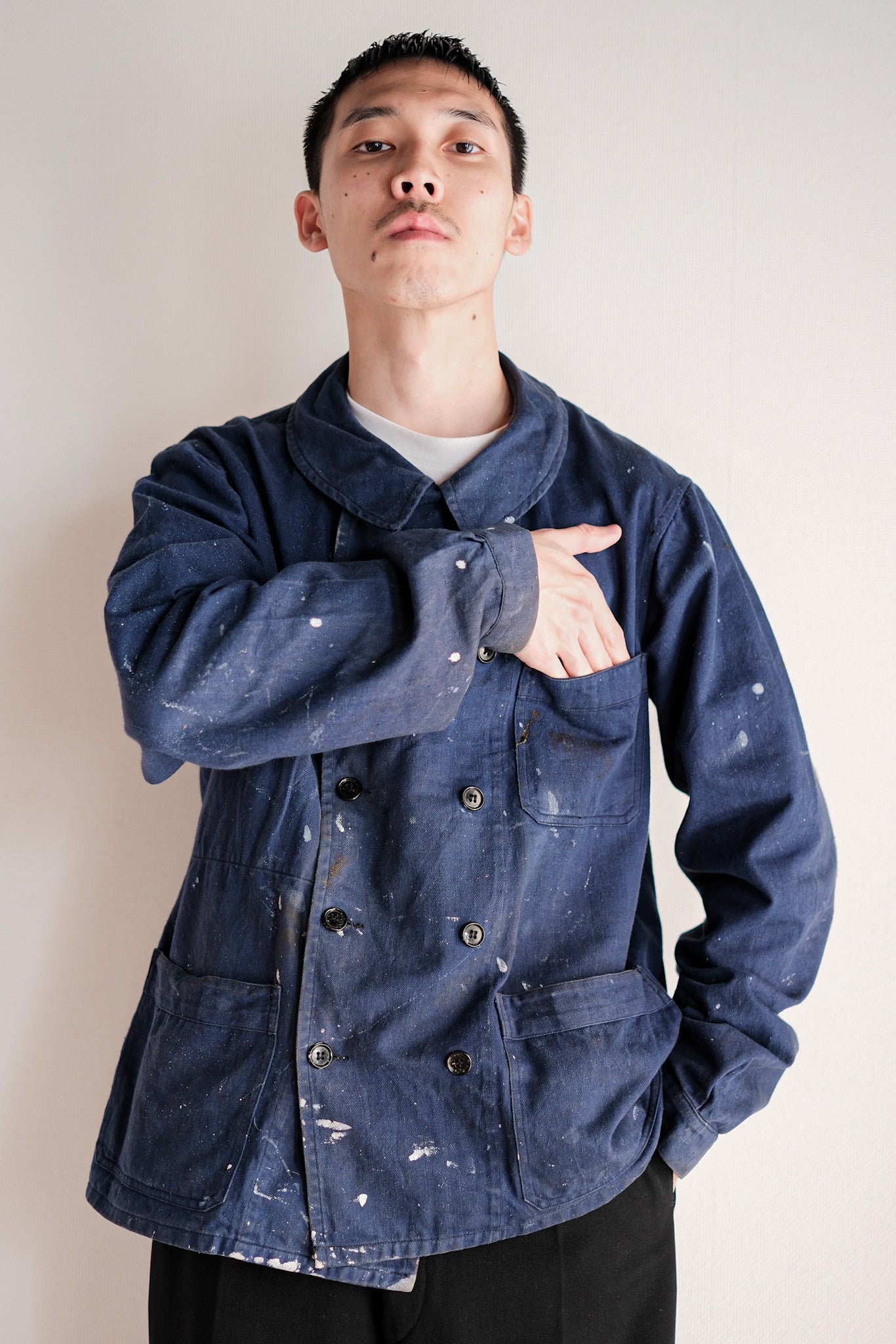 ［~50's］French Vintage Double Breasted Indigo Cotton Twill Work Jacket "Crazy Paint"
