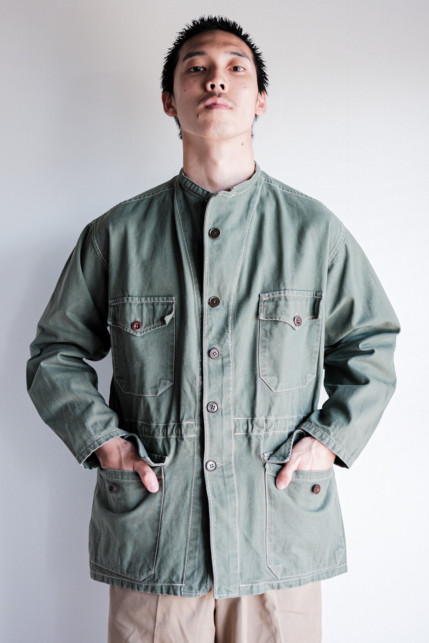 ［~50's］French Vintage Green Cotton Twill 4 Pockets Work Jacket "Unusual Pattern"