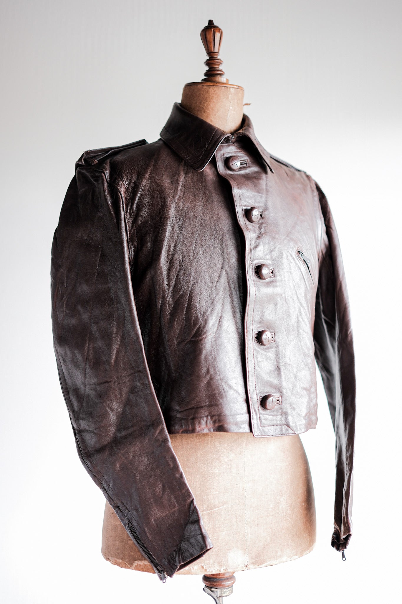 [~ 40's] French Vintage Motorcycle Leather Veste Taille.4 "MORT STOCK"