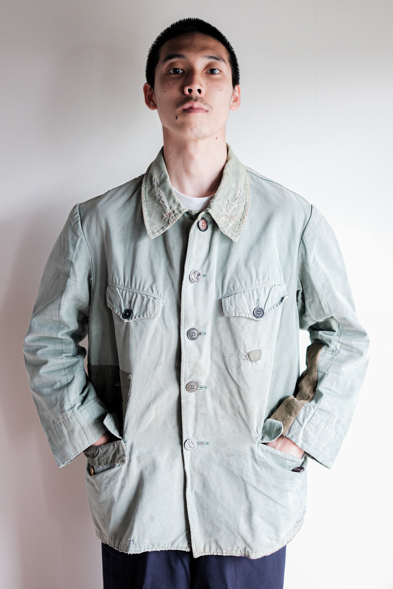 【~50's】French Vintage Green Cotton Canvas Hunting Jacket With Chin Strap "Patchwork"
