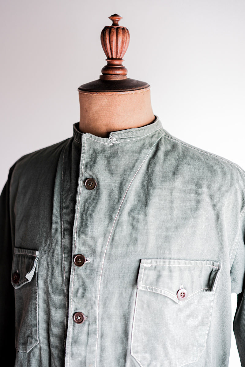 【~50's】French Vintage Green Cotton Twill 4 Pockets Work Jacket "Unusual Pattern"