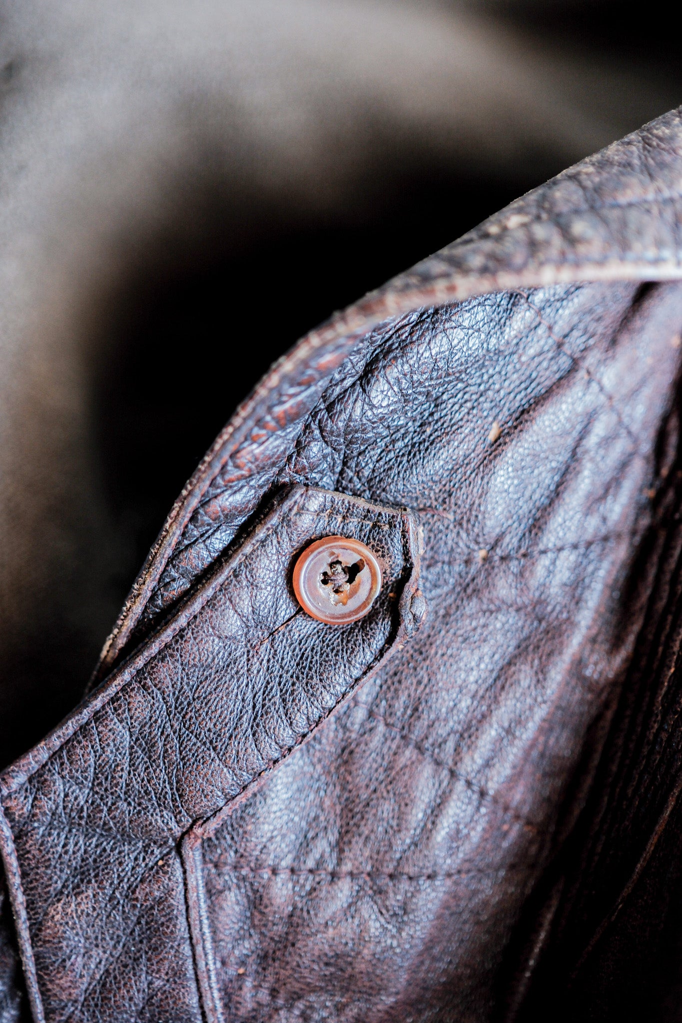 【~40's】French Vintage Double Breasted Brown Leather Coat With Chin Strap