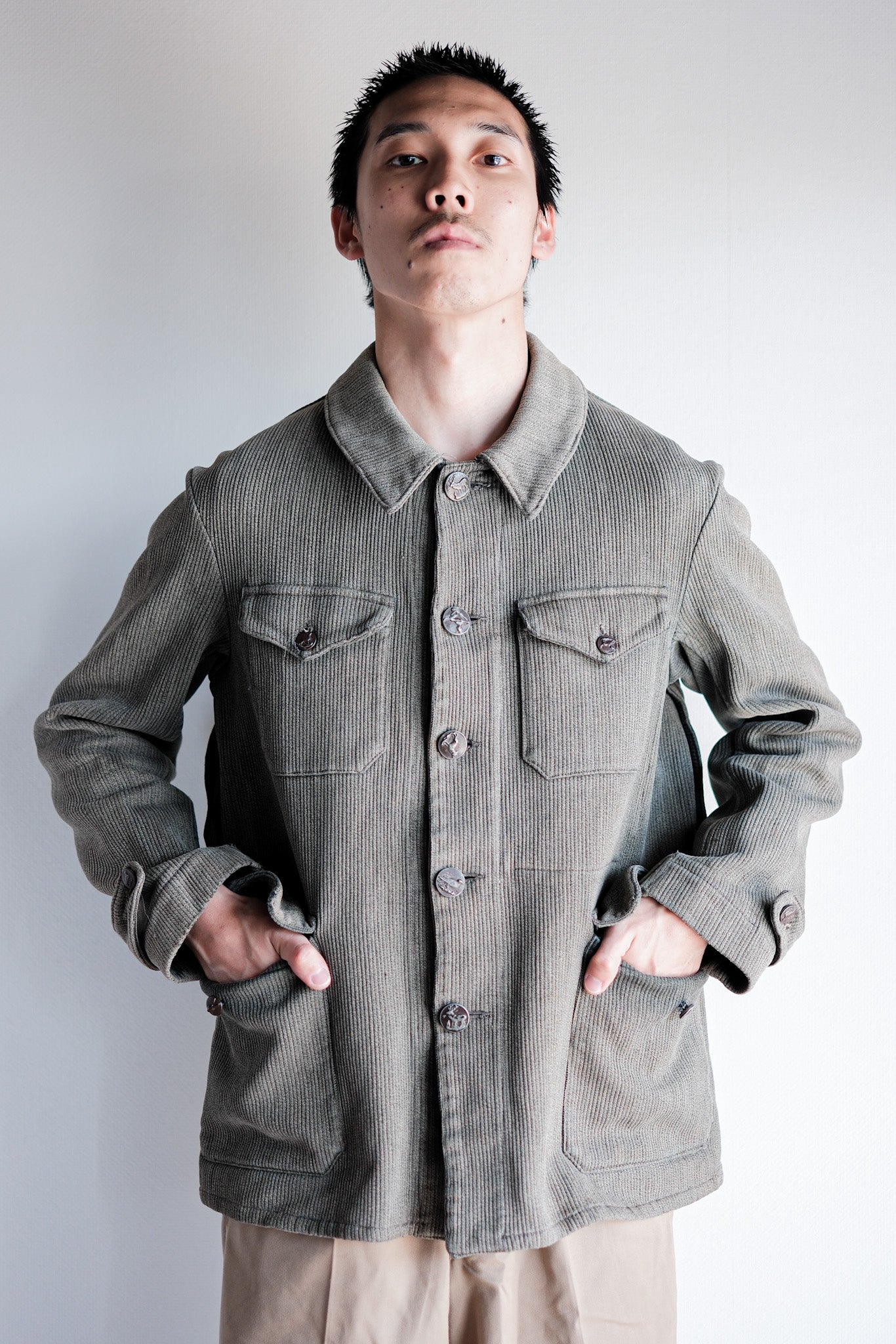 50's] French Vintage Gray Cotton Pique Hunting Jacket