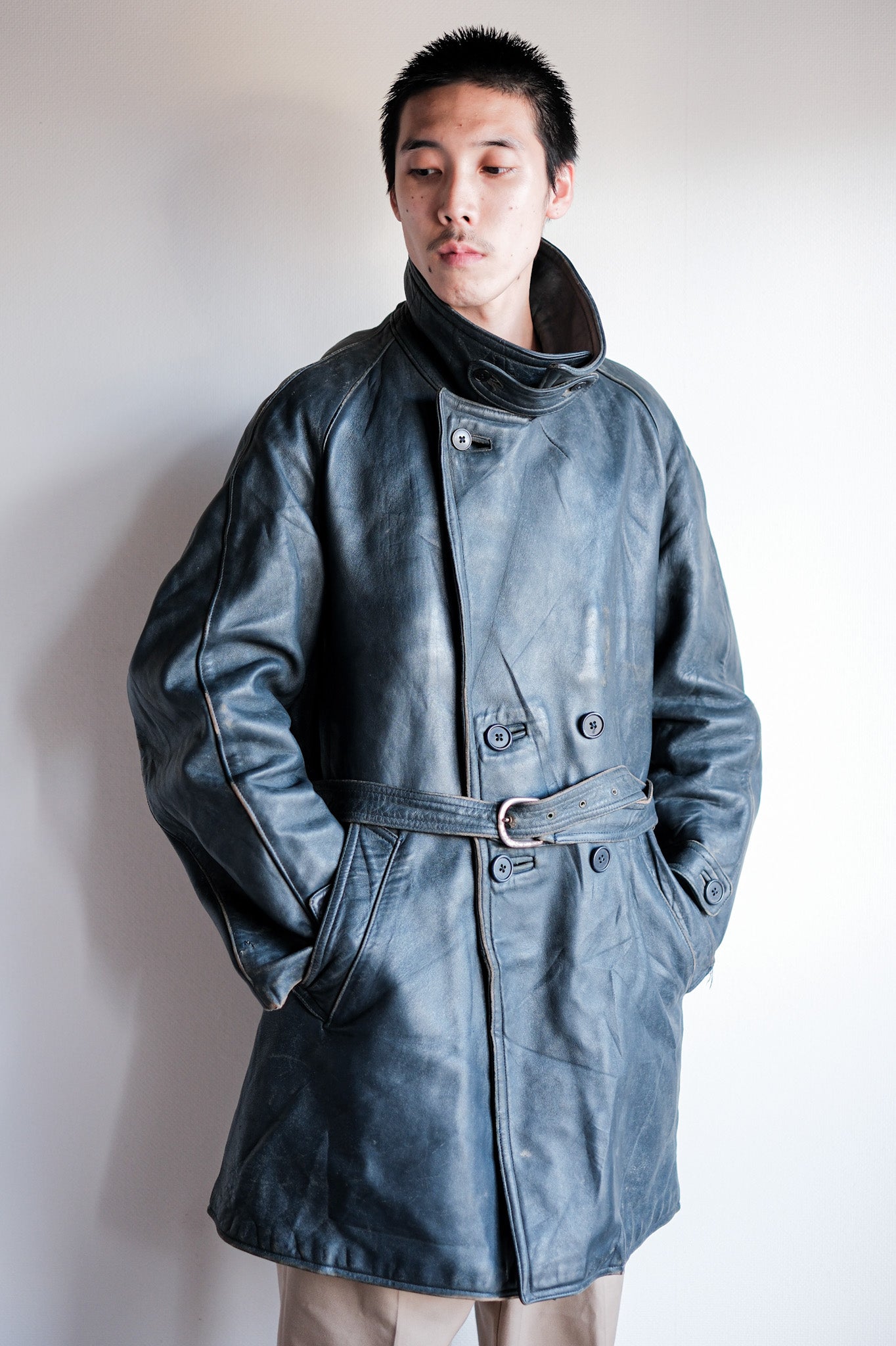 ［~50's］French Vintage Double Breasted Leather Work Coat With Chin Strap