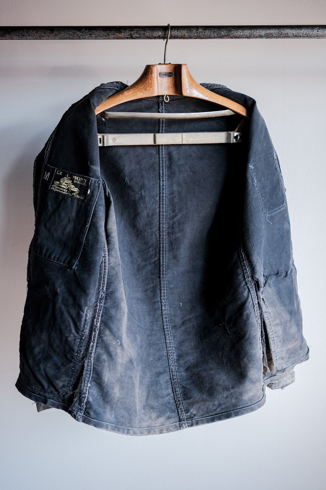 [~ 40 '] 프랑스 빈티지 블랙 몰스킨 작업 재킷 "보로" "르 몽 세인트 미셸"