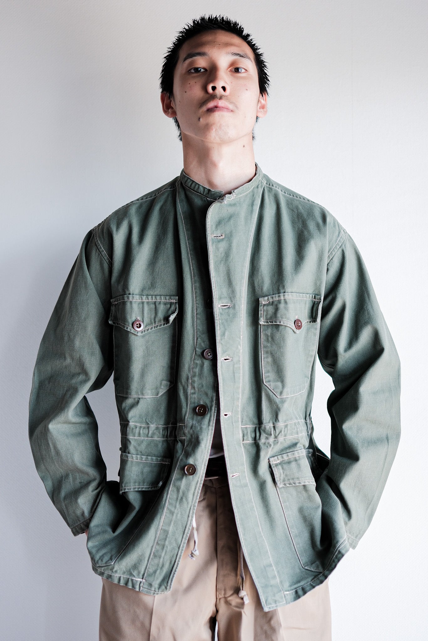 【~50's】French Vintage Green Cotton Twill 4 Pockets Work Jacket "Unusual Pattern"