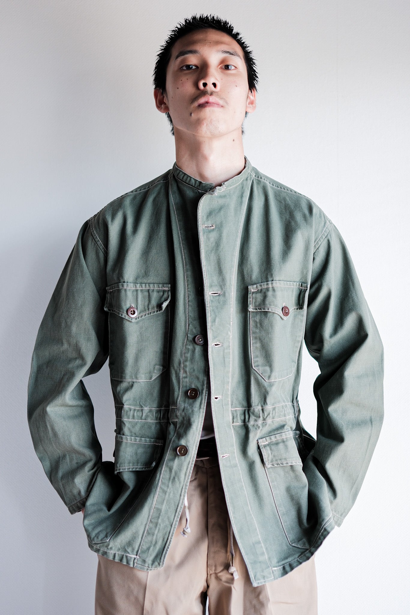 ［~50's］French Vintage Green Cotton Twill 4 Pockets Work Jacket "Unusual Pattern"