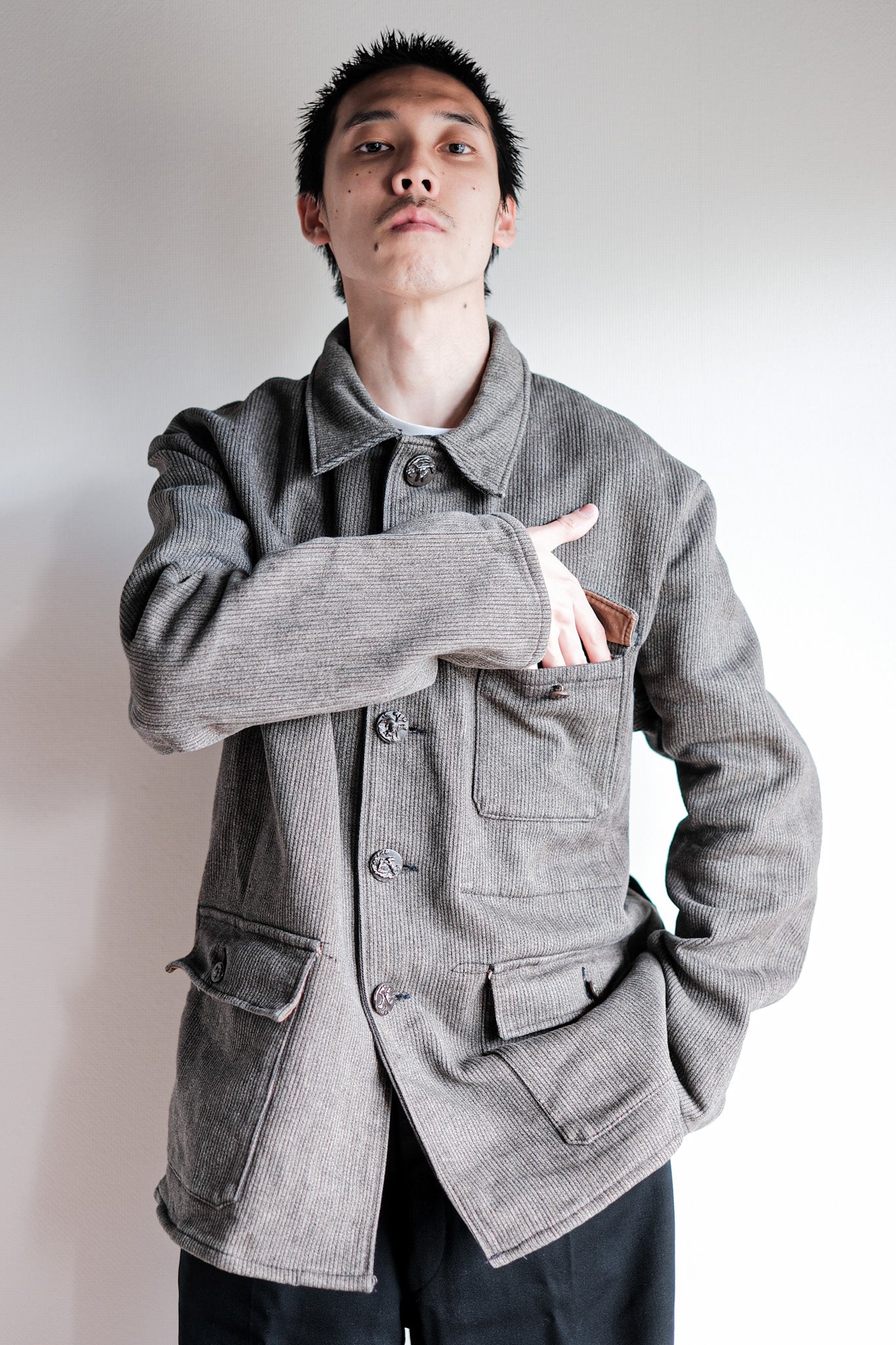 【~60's】French Vintage Brown Gray Salt & Pepper Cotton Pique Hunting Jacket "Le Mont St. Michel"