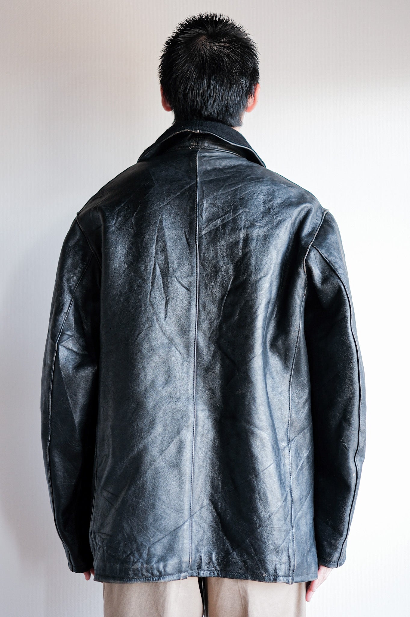 60's】French Vintage Black Leather Work Jacket 