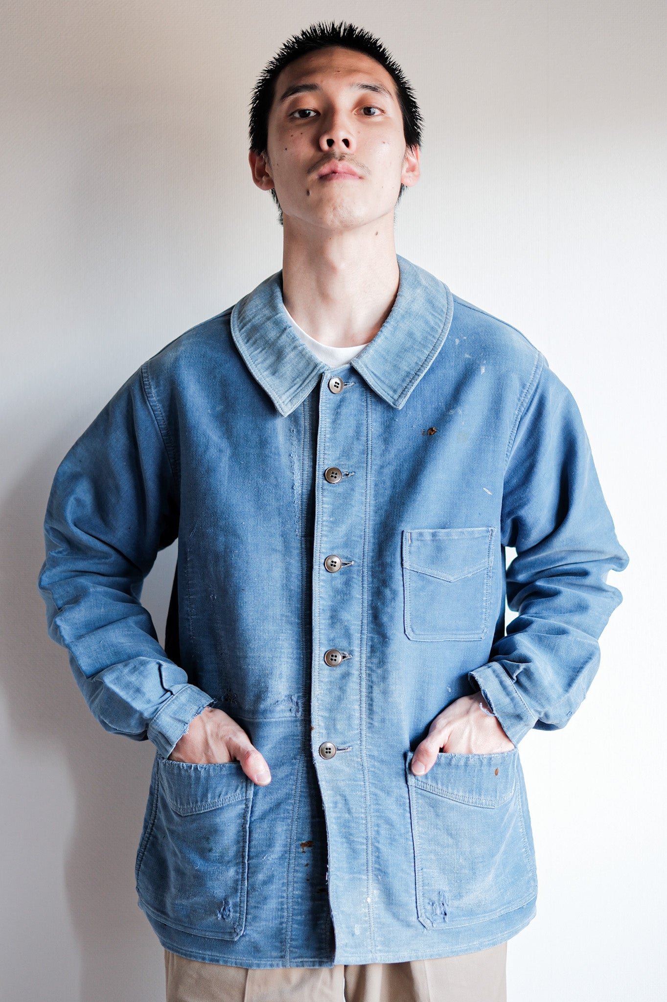 [~ 40's] French Vintage Blue Moleskin Work Jacket "Le Mont St. Michel"