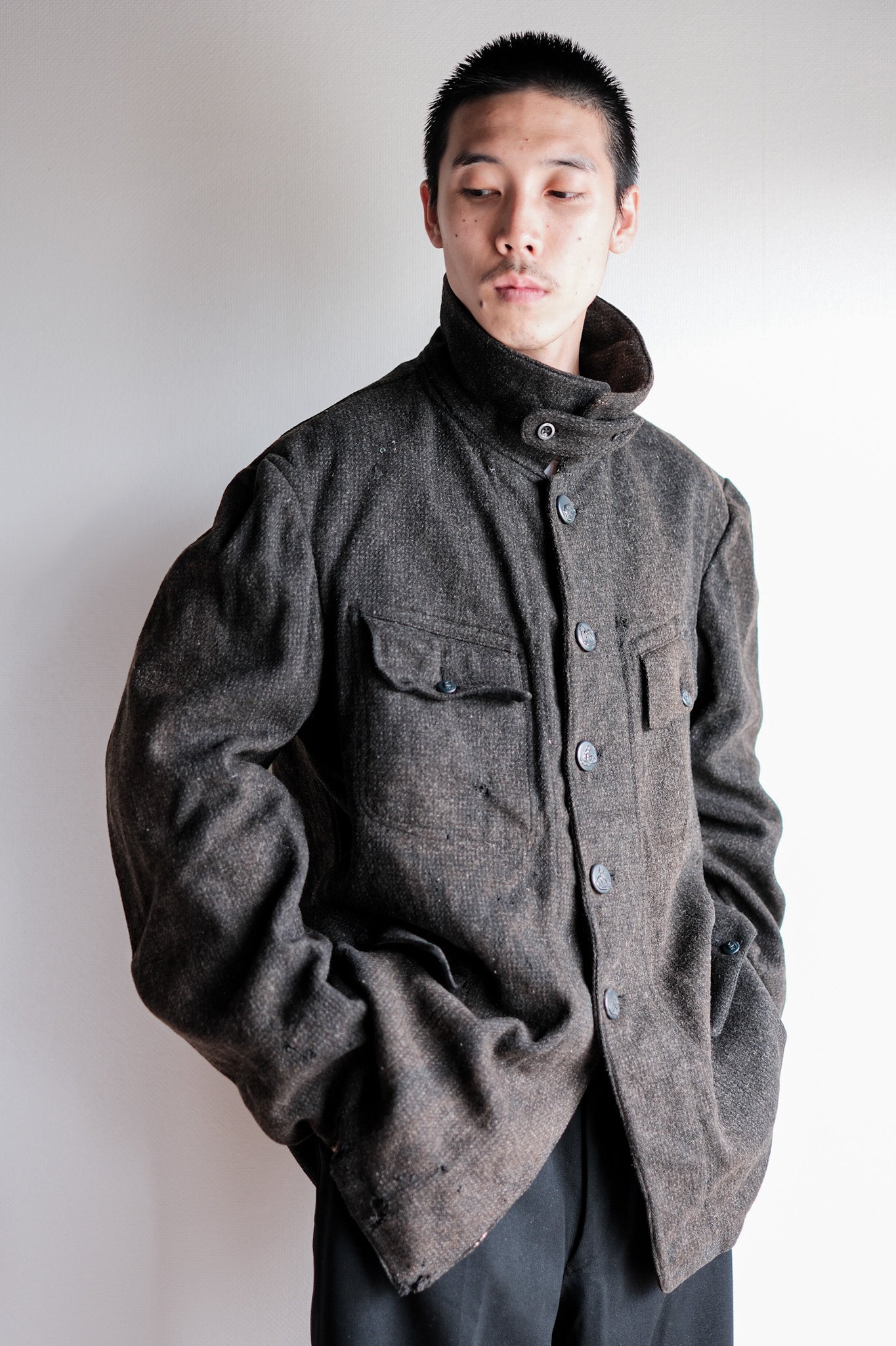 【~30's】French Vintage Gray Wool Hunting Jacket With Chin Strap "Boro"