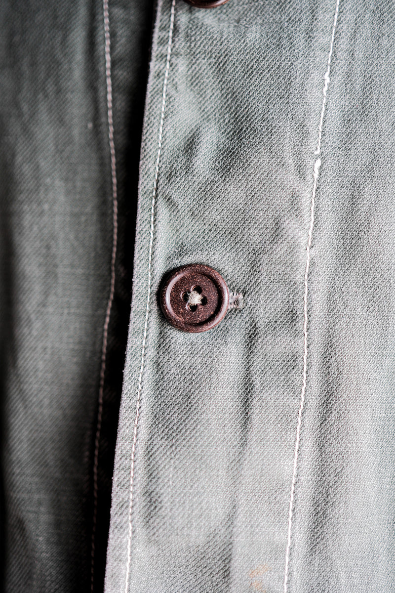 【~50's】French Vintage Green Cotton Twill 4 Pockets Work Jacket "Unusual Pattern"