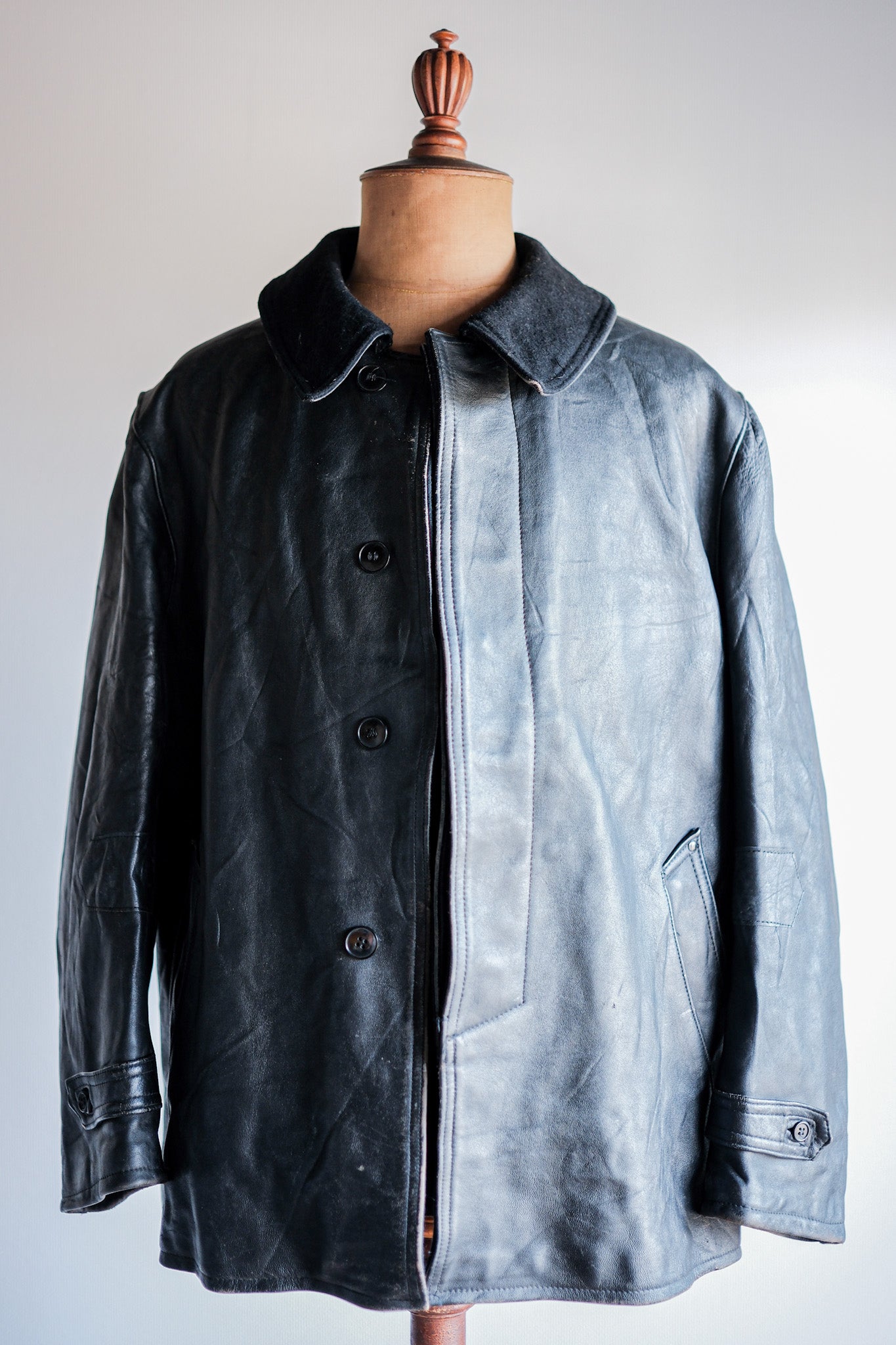 ［~60's］French Vintage Black Leather Work Jacket "Wool Collar"