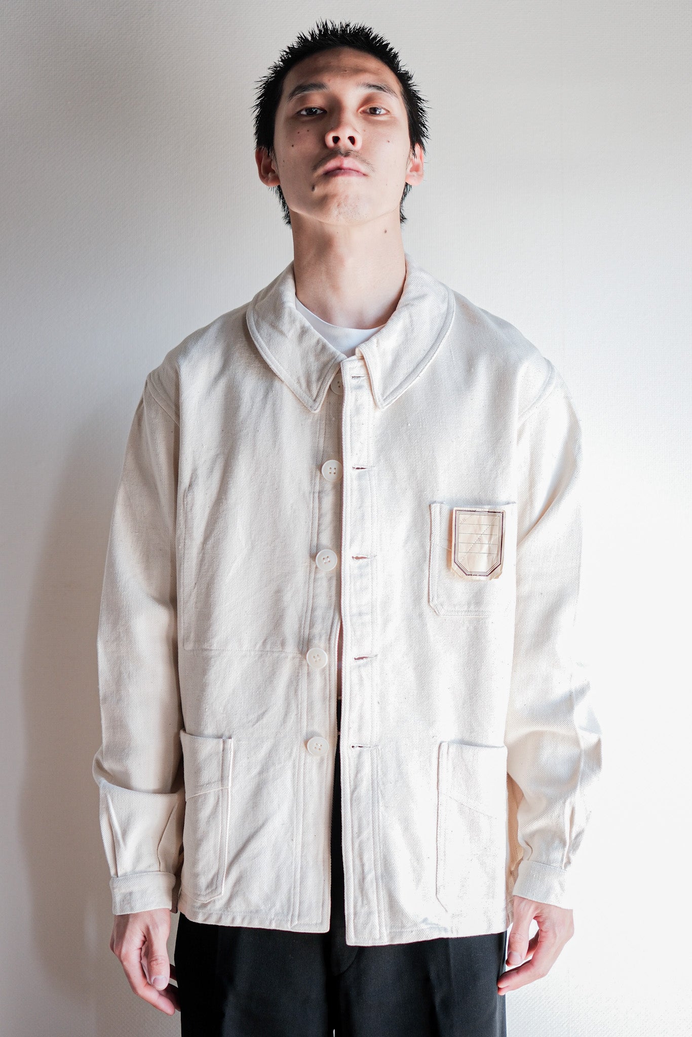 [~ 40's]Français vintage White Cotton Twill Work Jacket Taille.48 « Dead Stock »