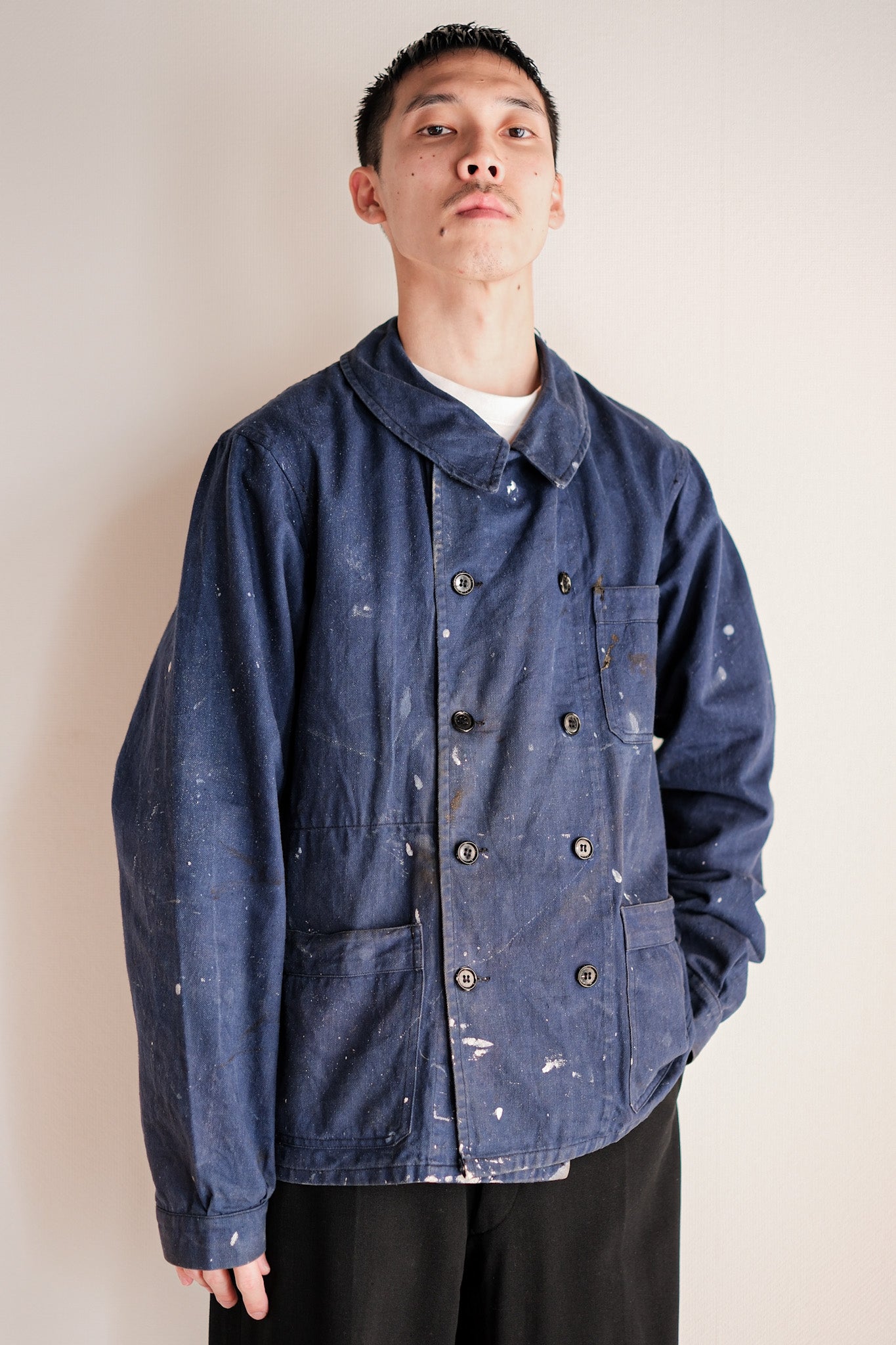 [~ 50's] French Vintage Double Breasted Indigo Cotton Twill Work Jacket "Crazy Paint"