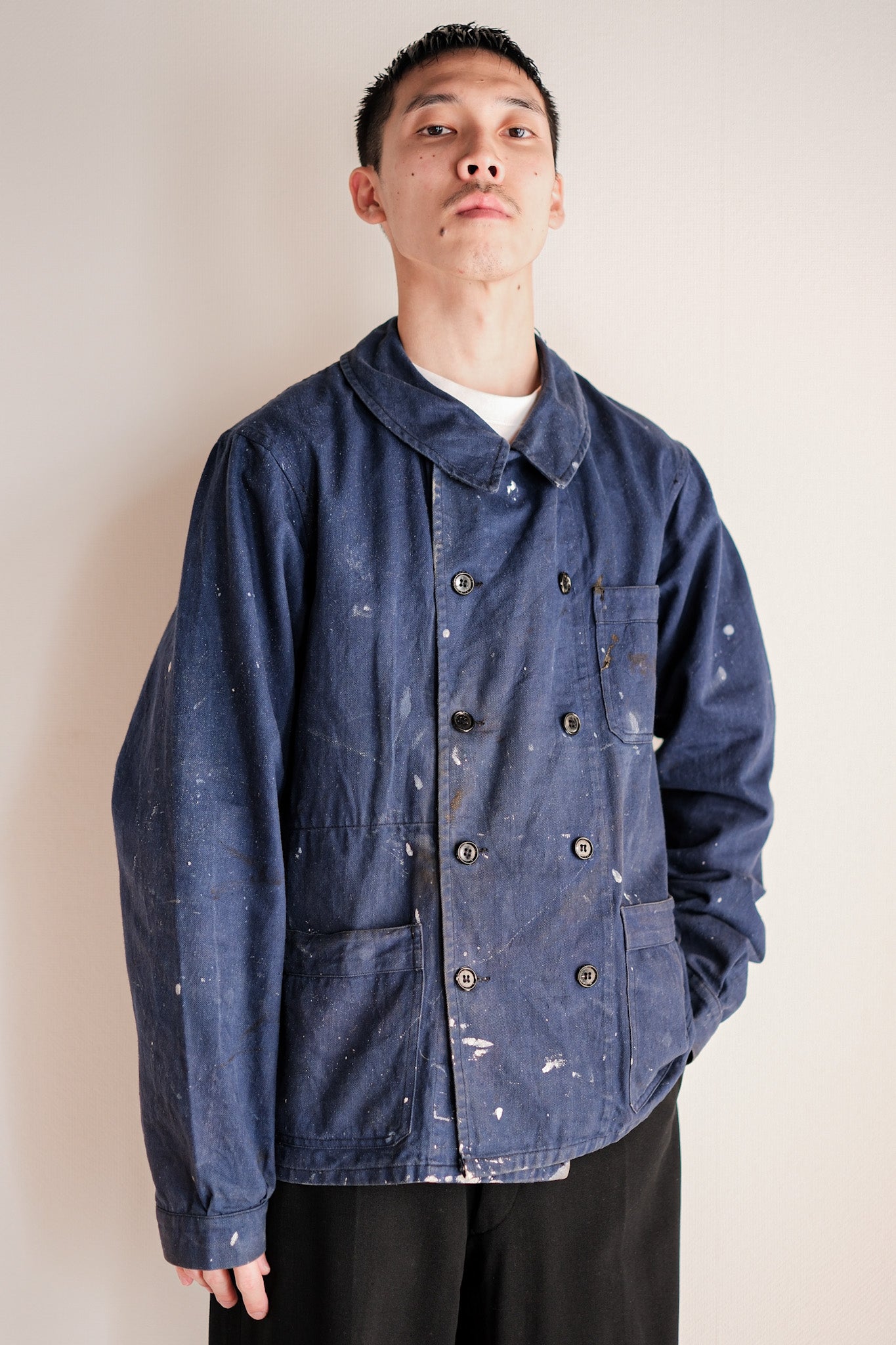 ［~50's］French Vintage Double Breasted Indigo Cotton Twill Work Jacket "Crazy Paint"