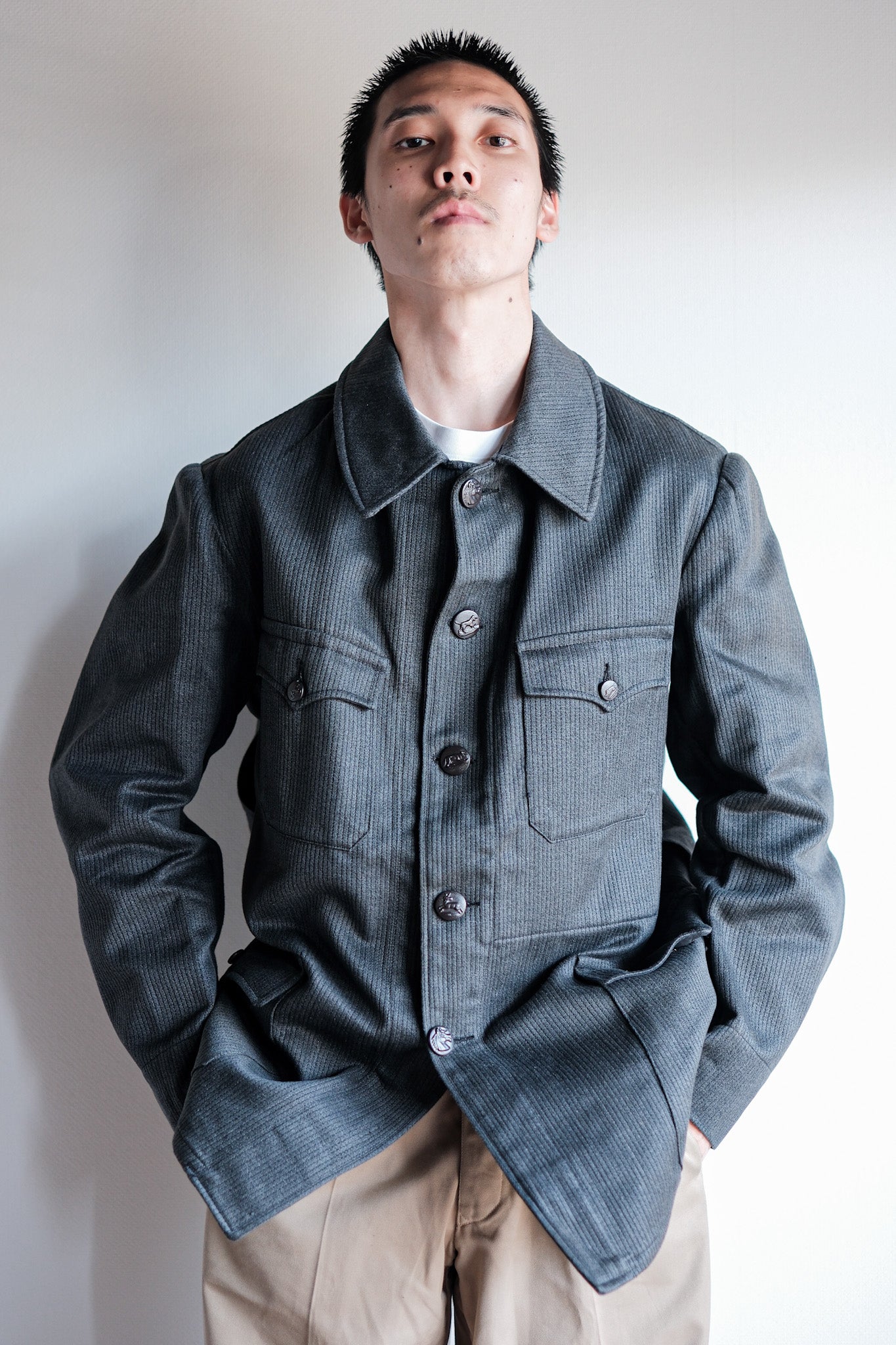 [~ 50's] French Vintage Gray Cotton Pique Hunting Jacket with China Strap "Dead Stock"