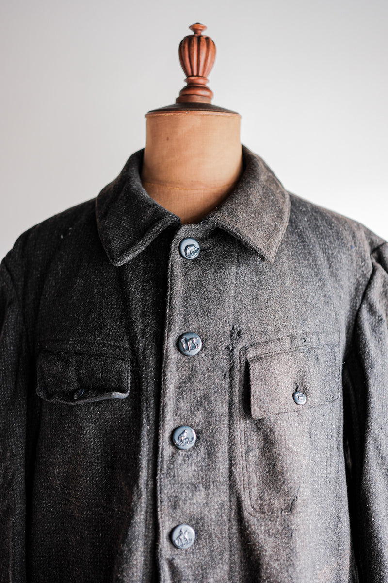 [~30's] French Vintage Grey Wool Hunting Jacket With Chin Strap "Boro"