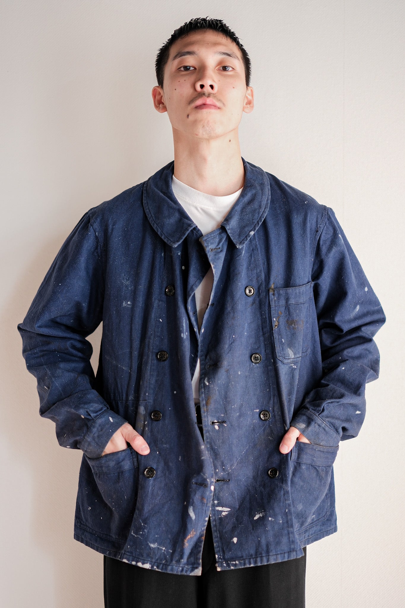 ［~50's］French Vintage Double Breasted Indigo Cotton Twill Work Jacket "Crazy Paint"