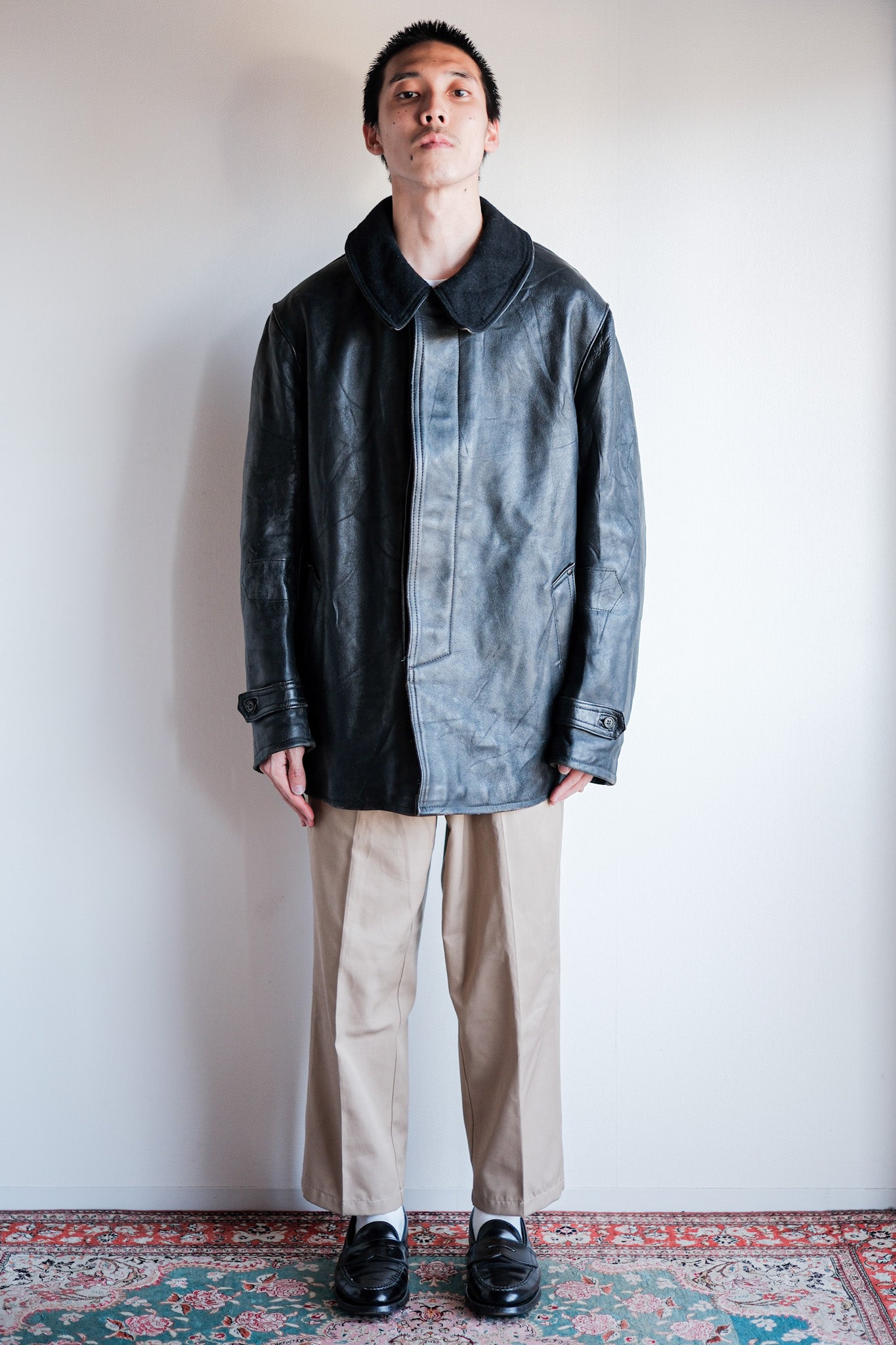 ［~60's］French Vintage Black Leather Work Jacket "Wool Collar"