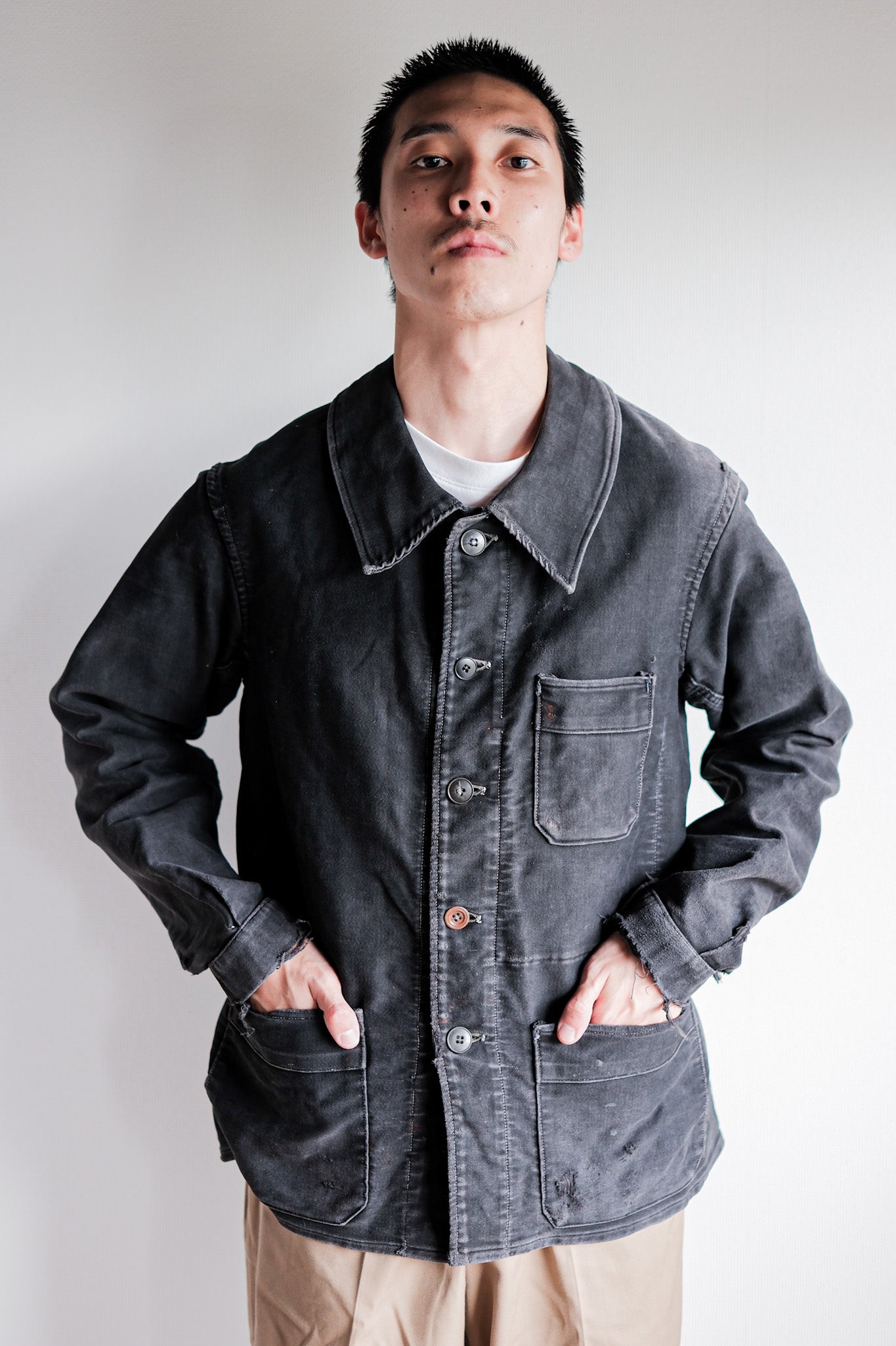 [~ 40's] French Vintage Black Moleskin Work Jacket "Adolphe Lafont"