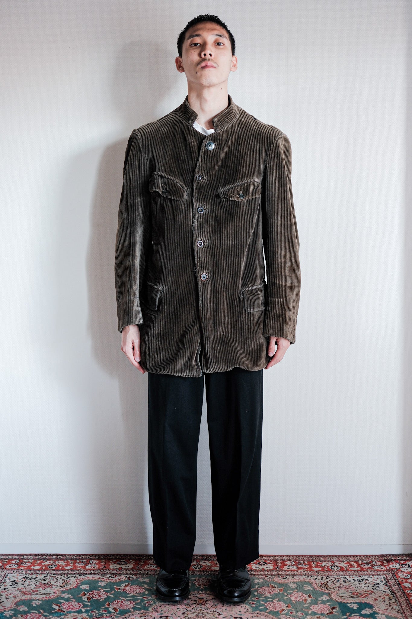 30's] French Vintage Brown Corduroy Stand Collar Work Jacket 