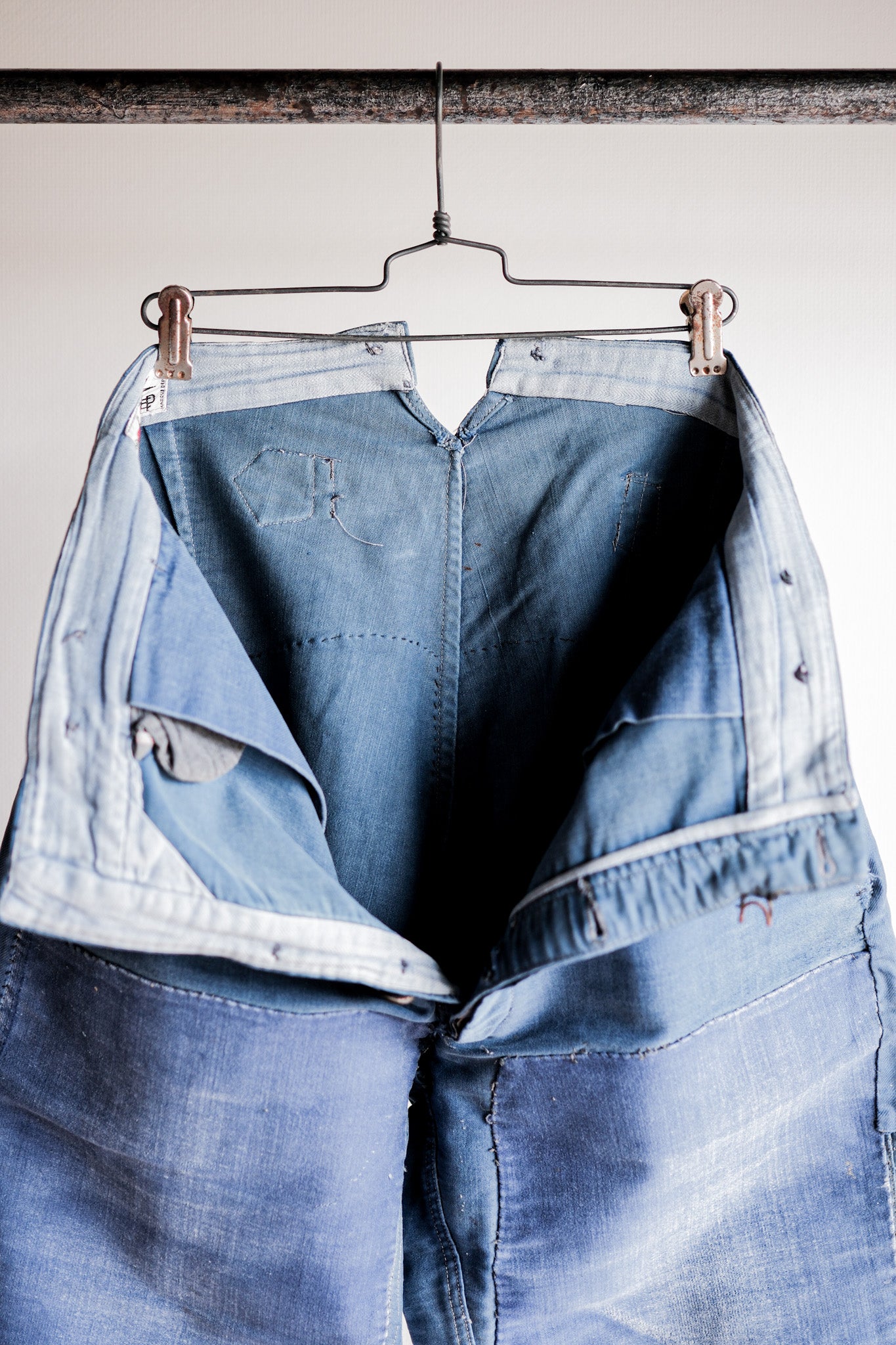 【~30's】French Vintage Blue Moleskin Work Pants "Patchwork"