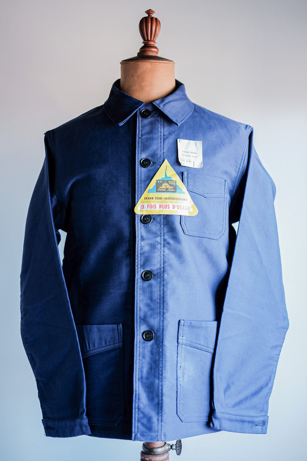 【~50’s】French Vintage Blue Moleskin Work Jacket Size.44 "Le Mont St. Michel" "Dead Stock"