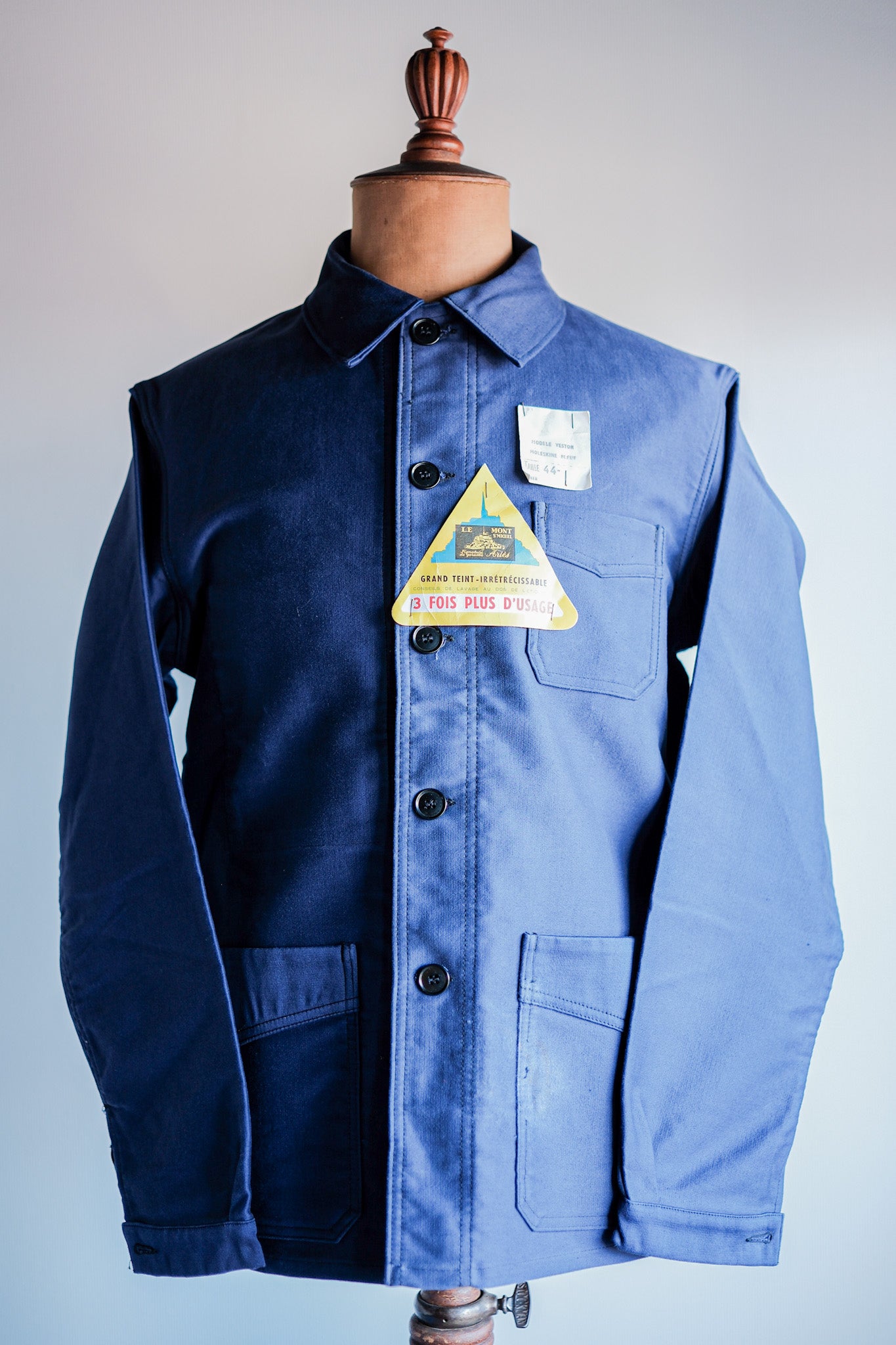 【~50’s】French Vintage Blue Moleskin Work Jacket Size.44 "Le Mont St. Michel" "Dead Stock"