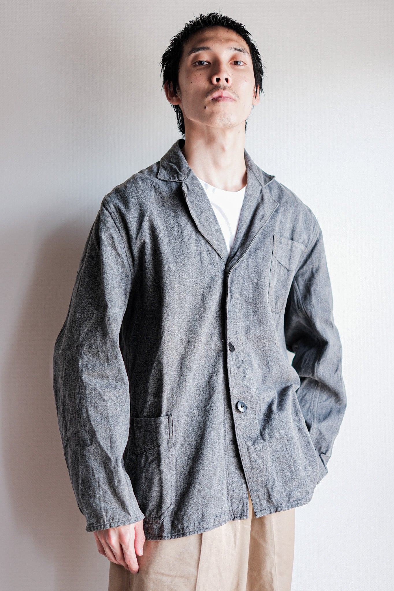 ［~40’s］French Vintage Salt & Pepper Cotton Lapel Work Jacket