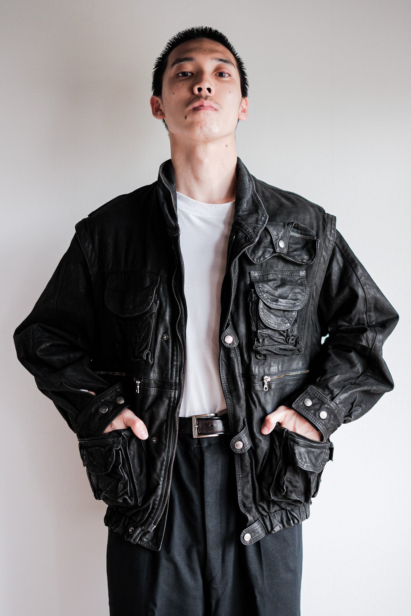 ［~90's］Old Renoma Paris Black Leather Detachable Sleeve Multi Pocket Jacket Size.M