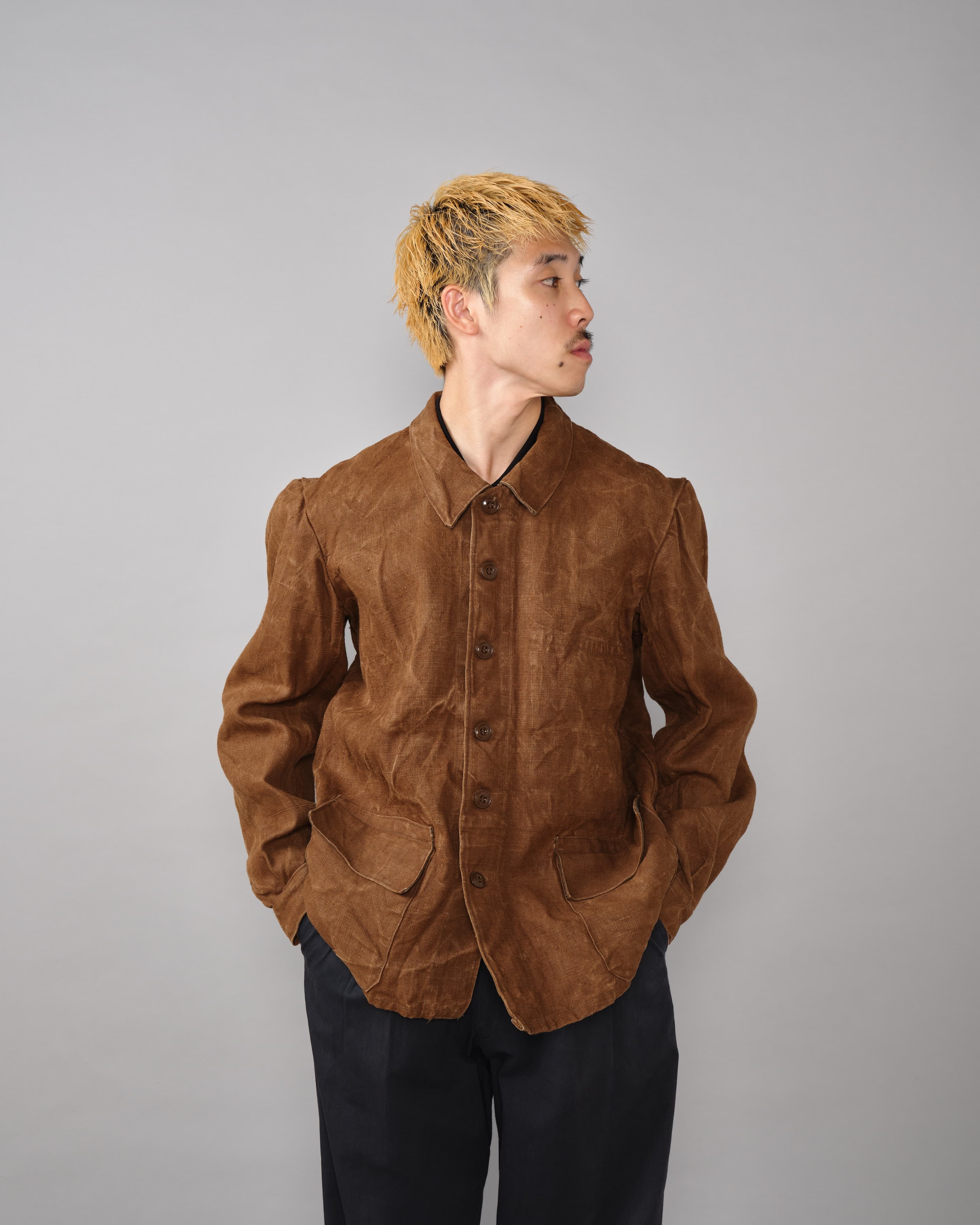 50's] French Vintage Brown Linen Canvas Work Jacket Size.52-62