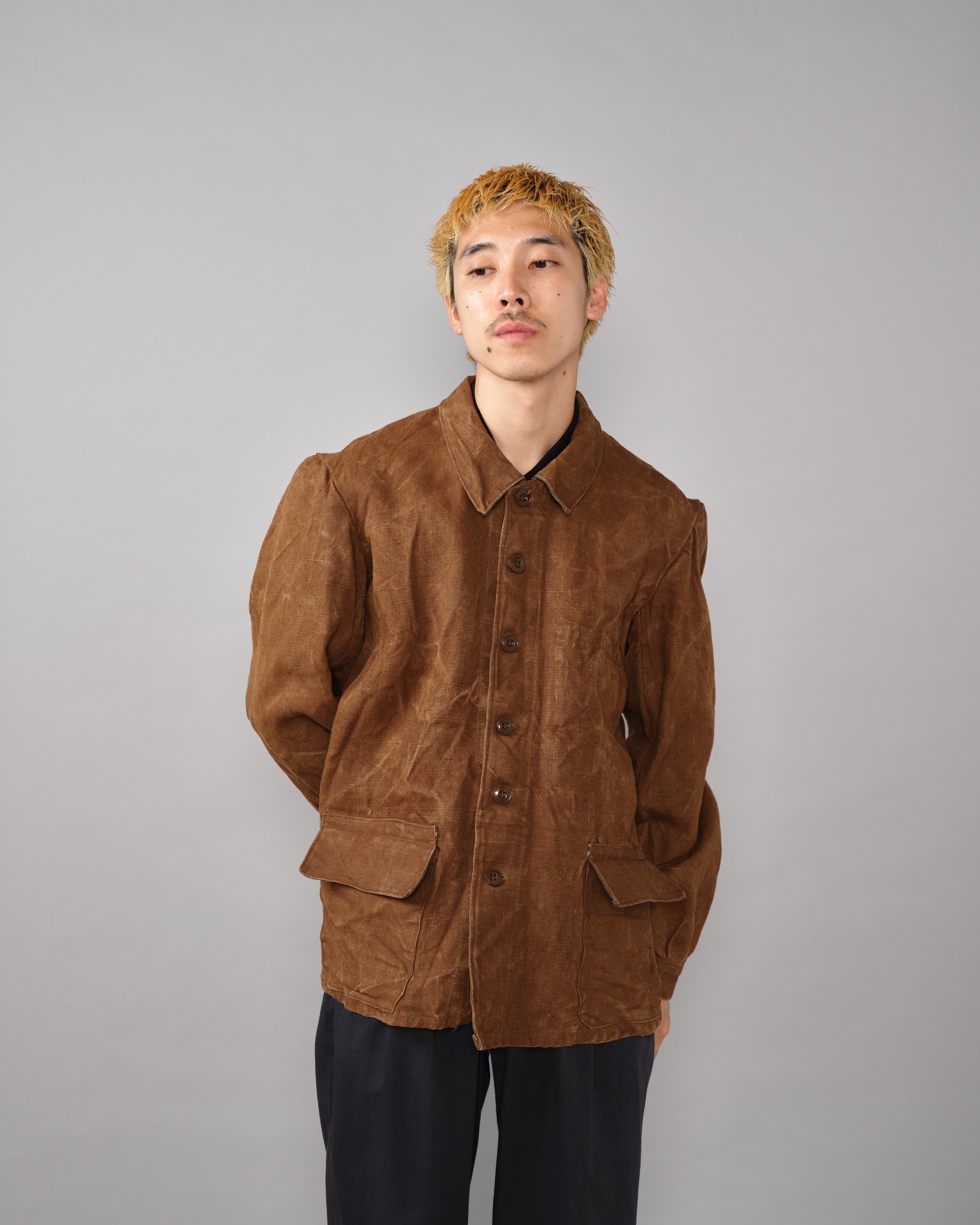 50's] French Vintage Brown Linen Canvas Work Jacket Size.52-62