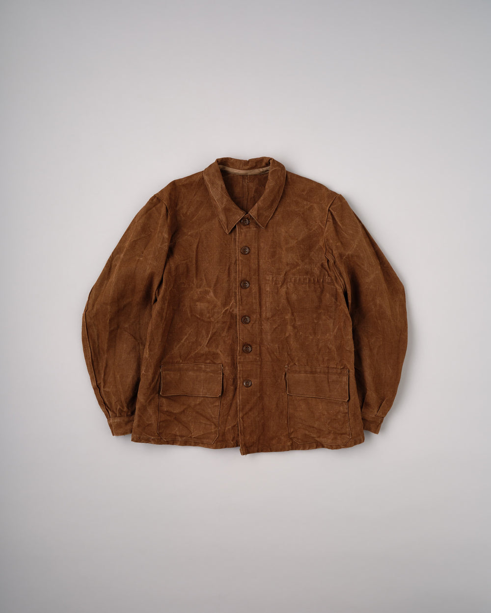 [~50's] French Vintage Brown Linen Canvas Work Jacket Size.52-62