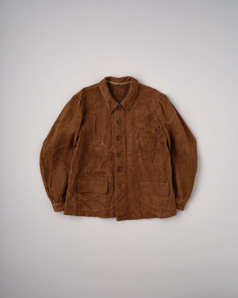 【~50's】French Vintage Brown Linen Canvas Work Jacket Size.52-62
