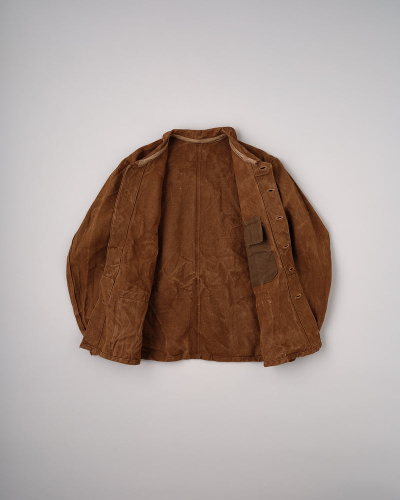 【~50's】French Vintage Brown Linen Canvas Work Jacket Size.52-62