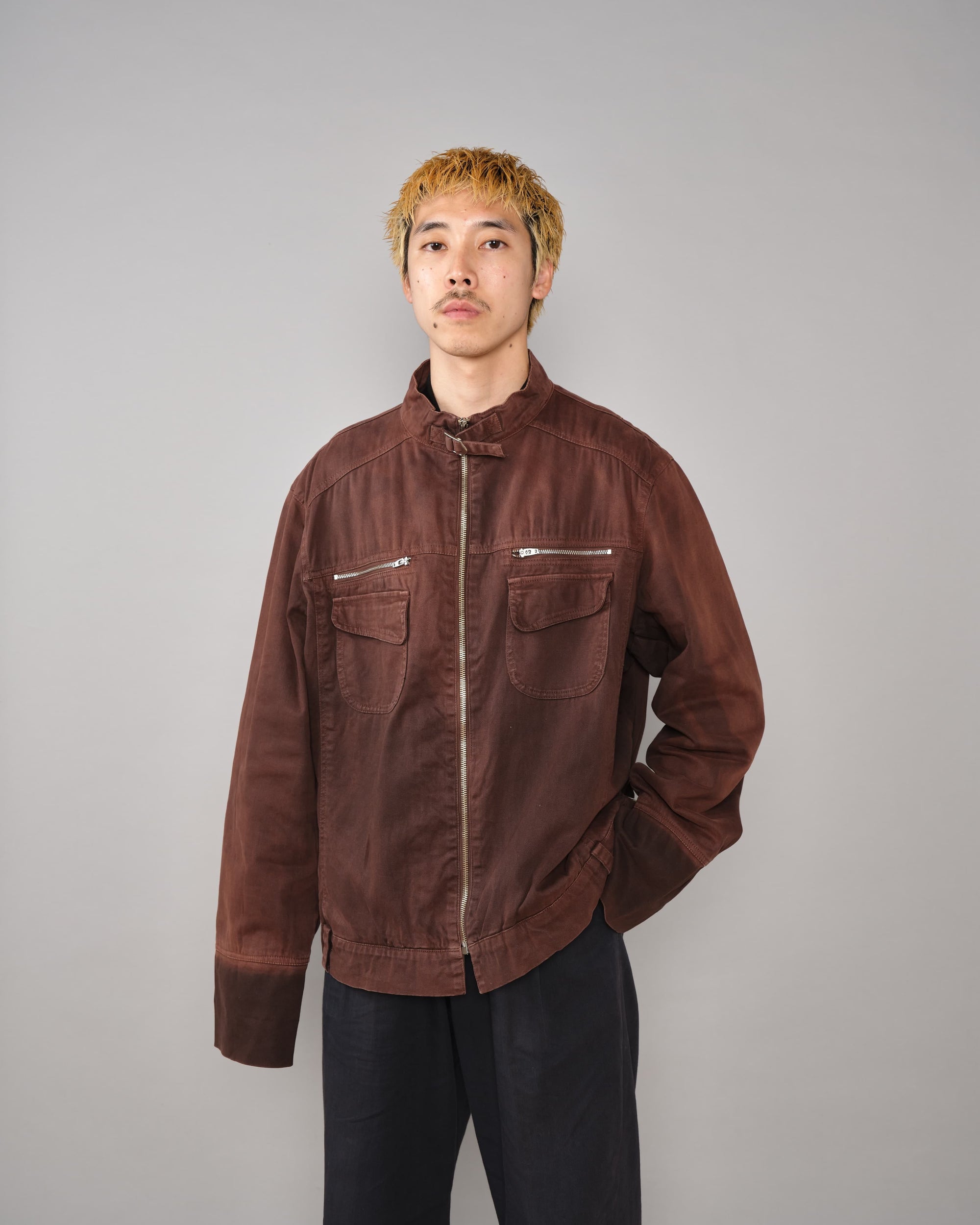 【~80’s】Italian Vintage Brown Cotton Elastane Zip Up Jacket Size.52