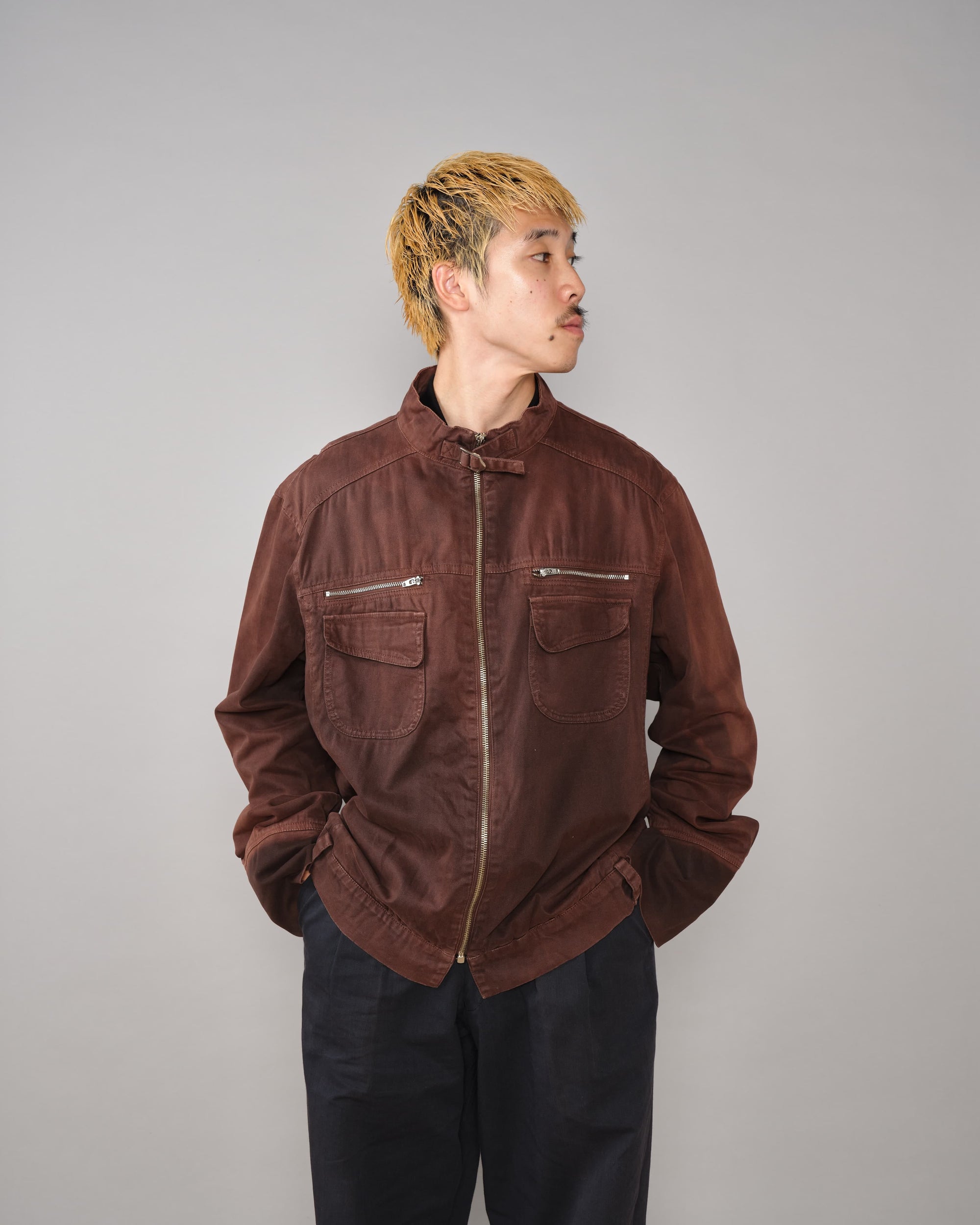 【~80’s】Italian Vintage Brown Cotton Elastane Zip Up Jacket Size.52