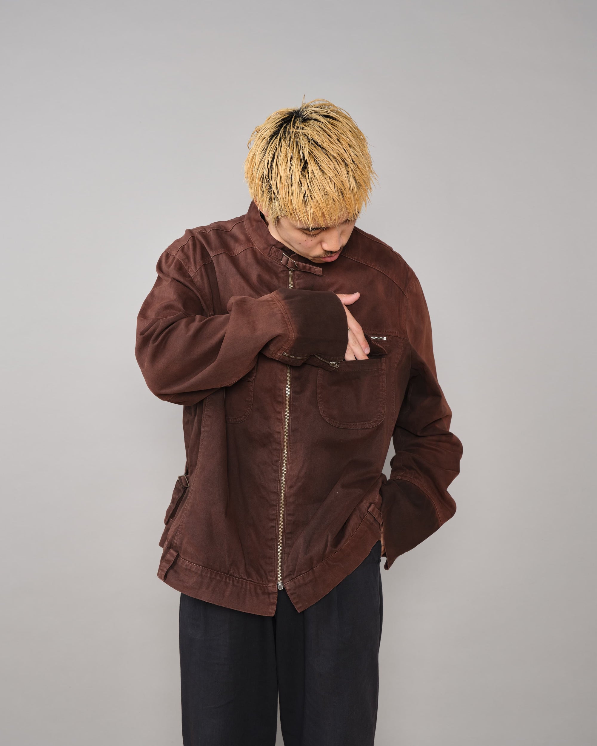 【~80’s】Italian Vintage Brown Cotton Elastane Zip Up Jacket Size.52