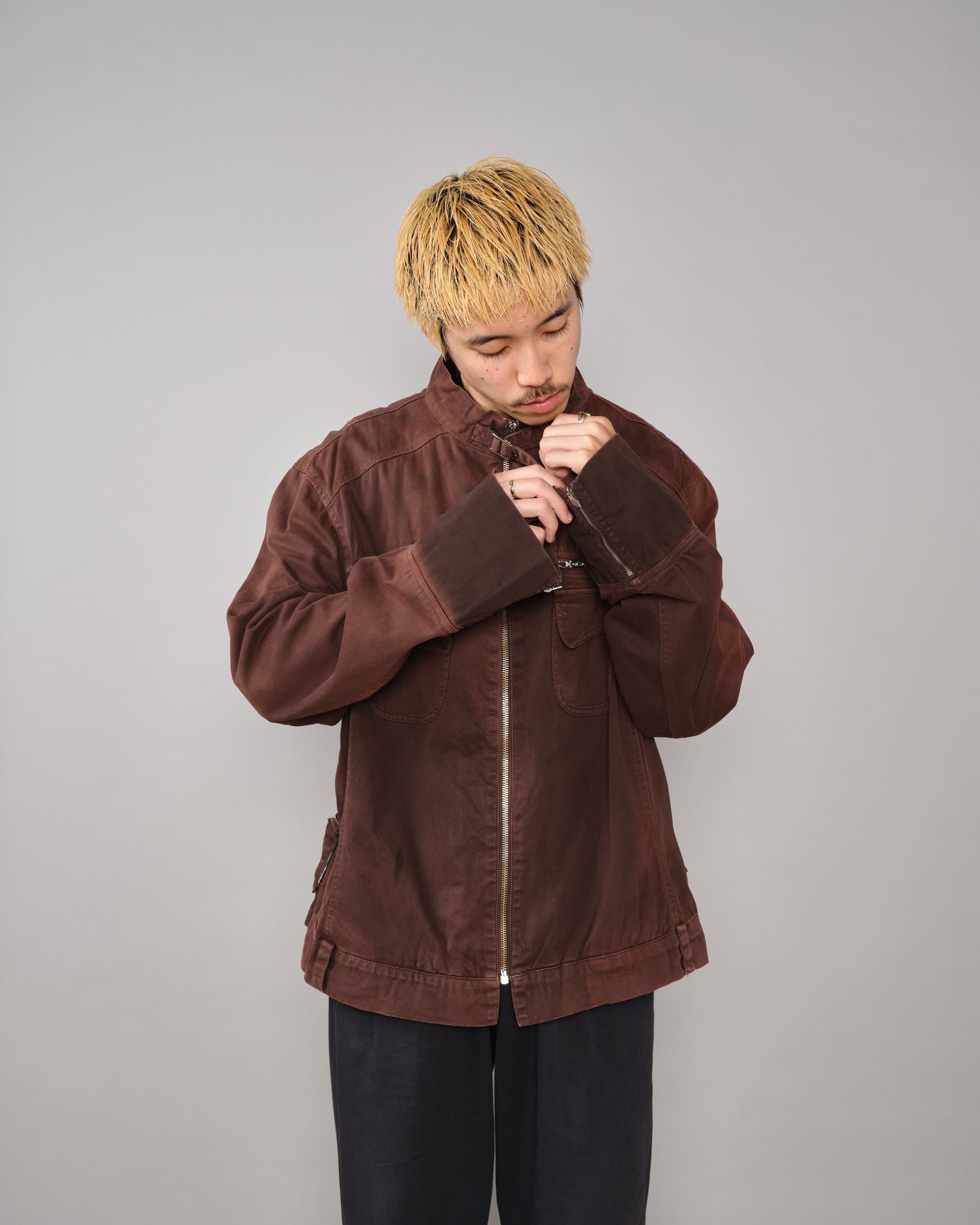 【~80’s】Italian Vintage Brown Cotton Elastane Zip Up Jacket Size.52