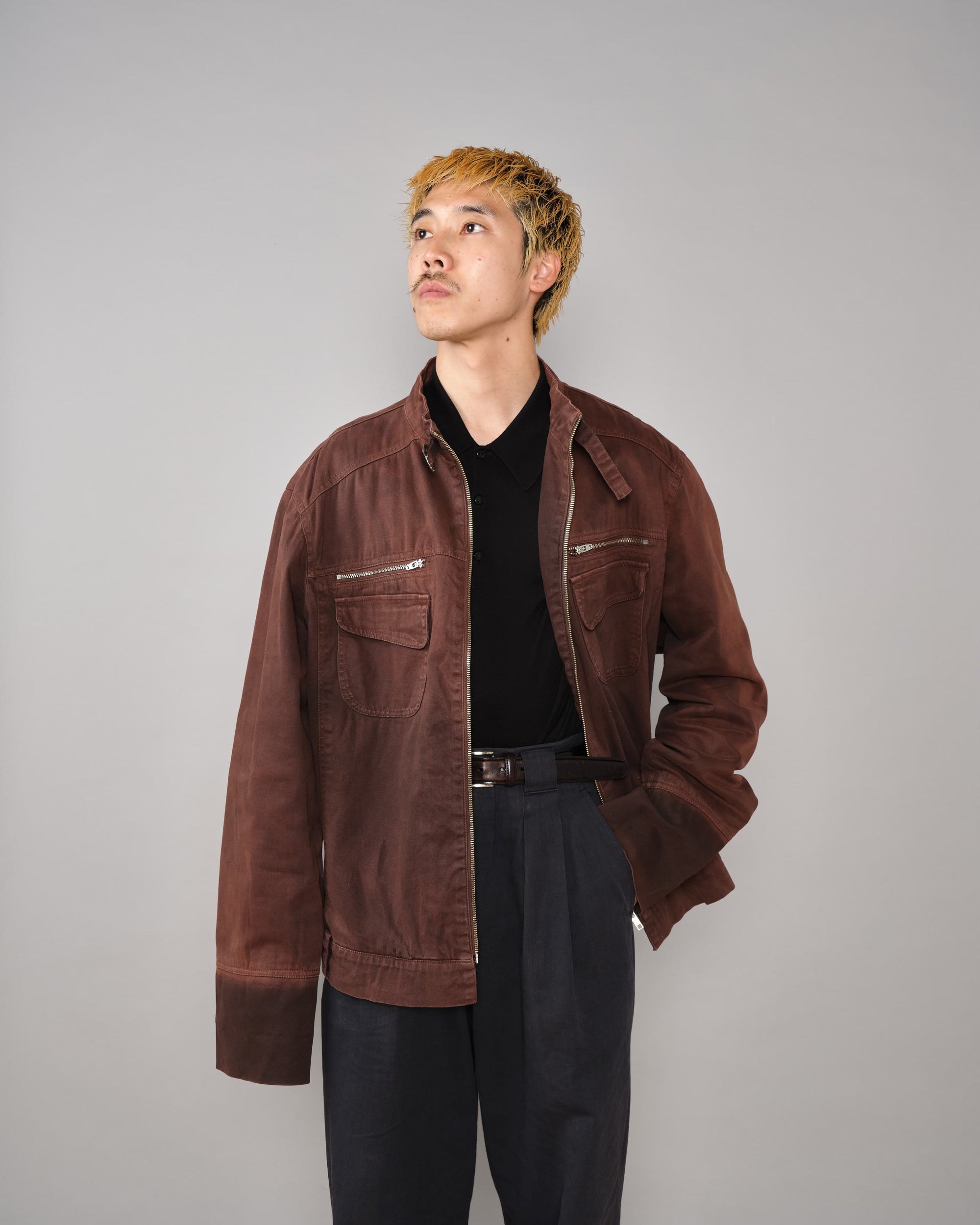 【~80’s】Italian Vintage Brown Cotton Elastane Zip Up Jacket Size.52