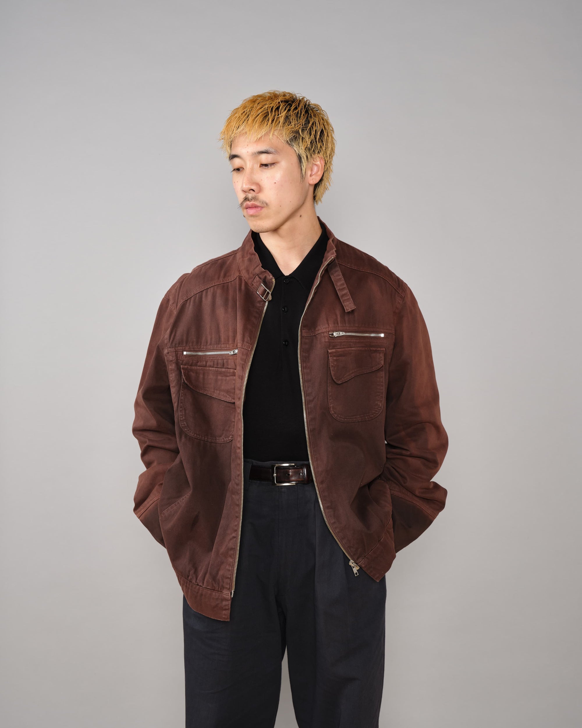 【~80’s】Italian Vintage Brown Cotton Elastane Zip Up Jacket Size.52